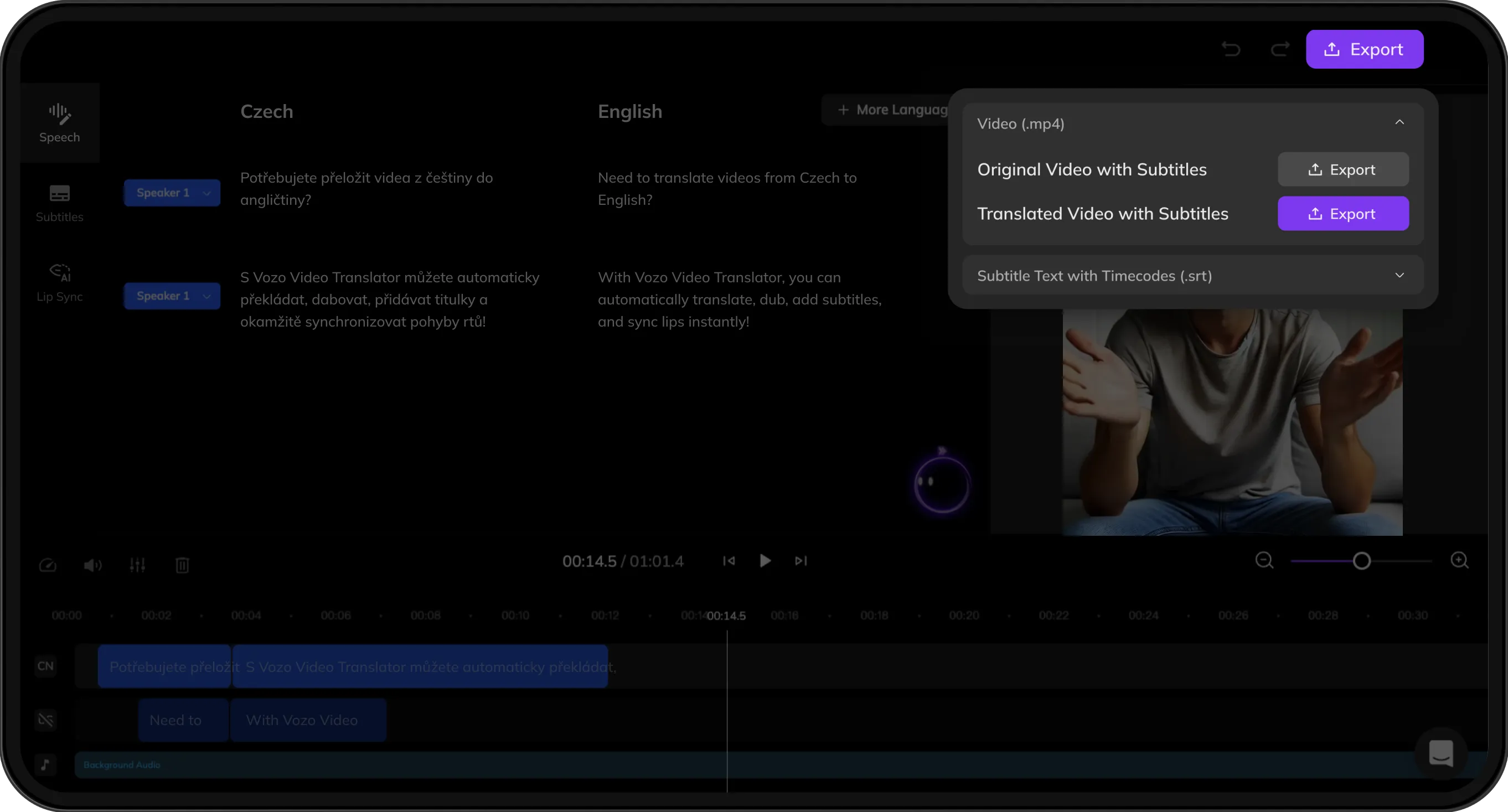 Export screen previewing both original and translated videos with subtitles for download.