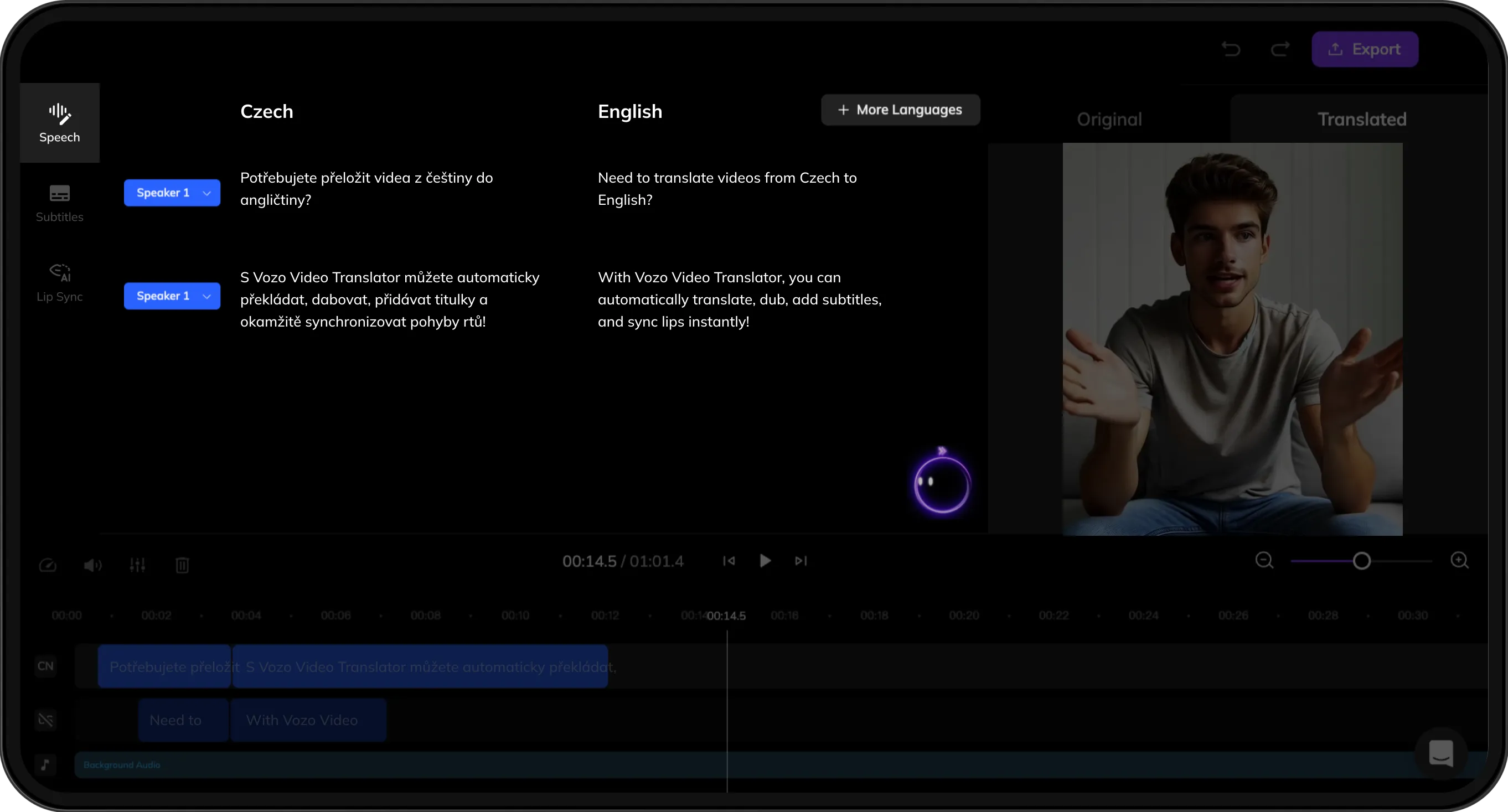 Interface displaying original and translated scripts for review and refinement.