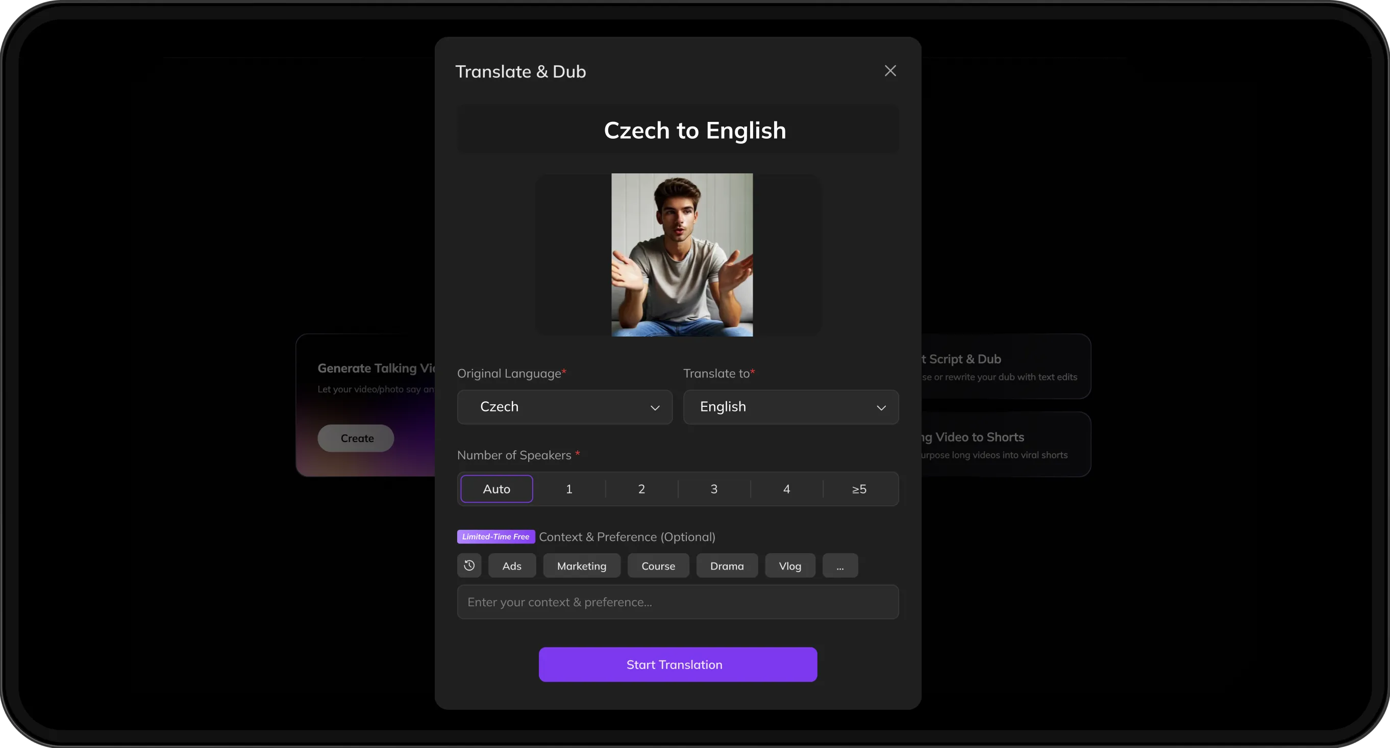 Video upload screen with options to select target language and customize speaker preferences for translation.