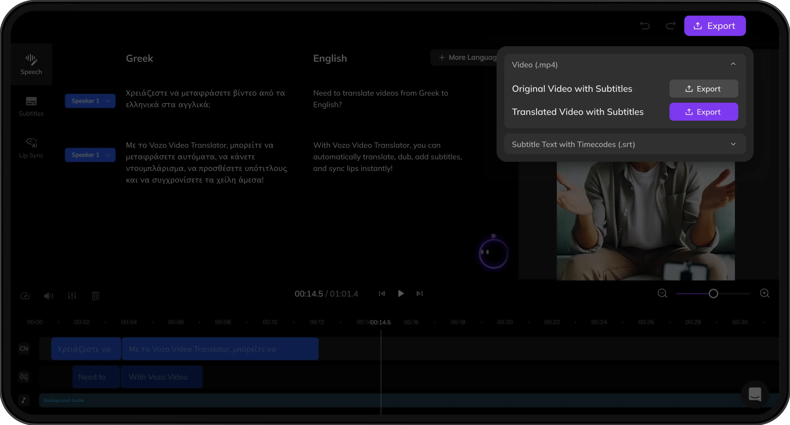 Export screen previewing both original and translated videos with subtitles for download.