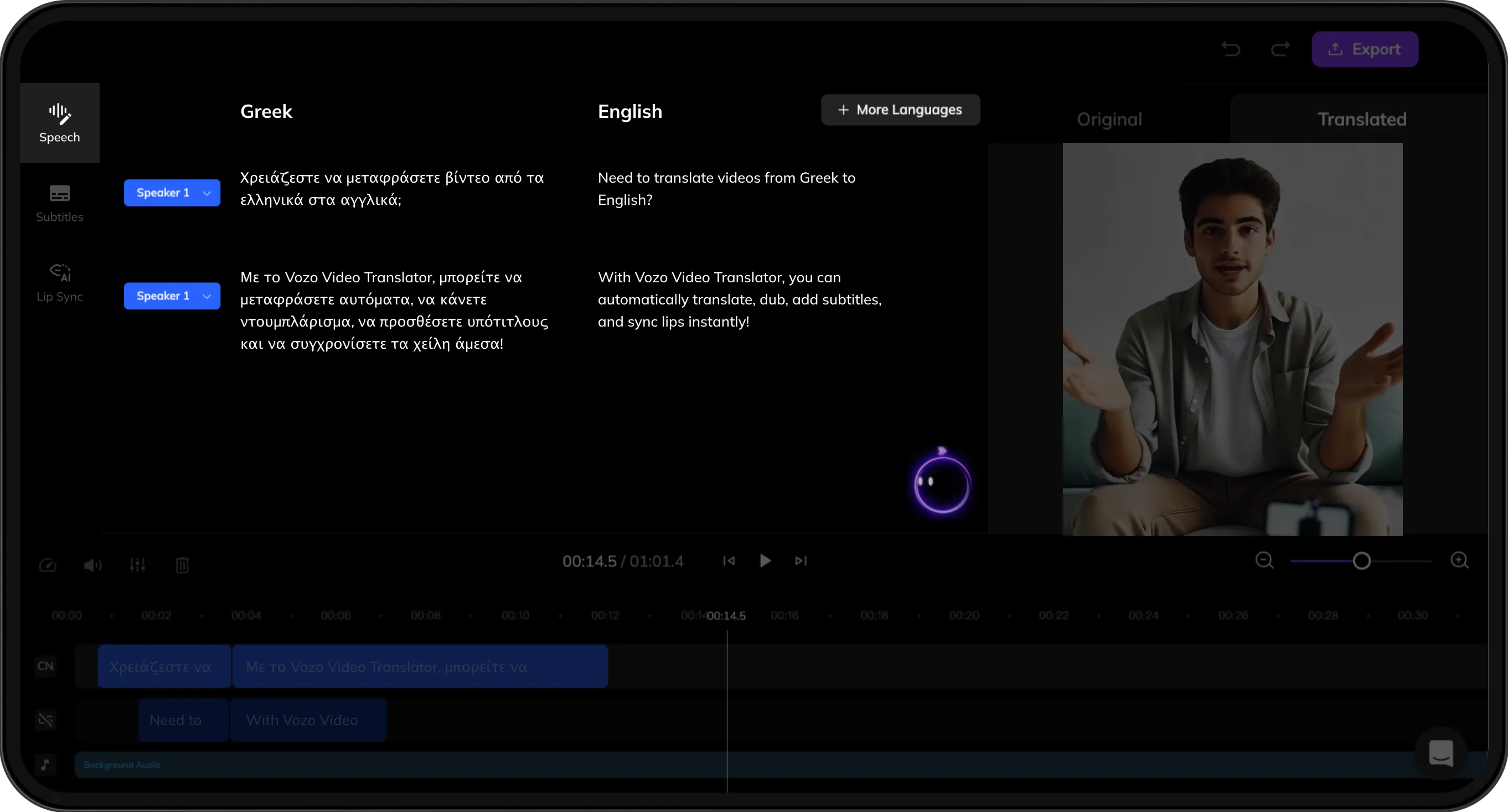 Interface displaying original and translated scripts for review and refinement.
