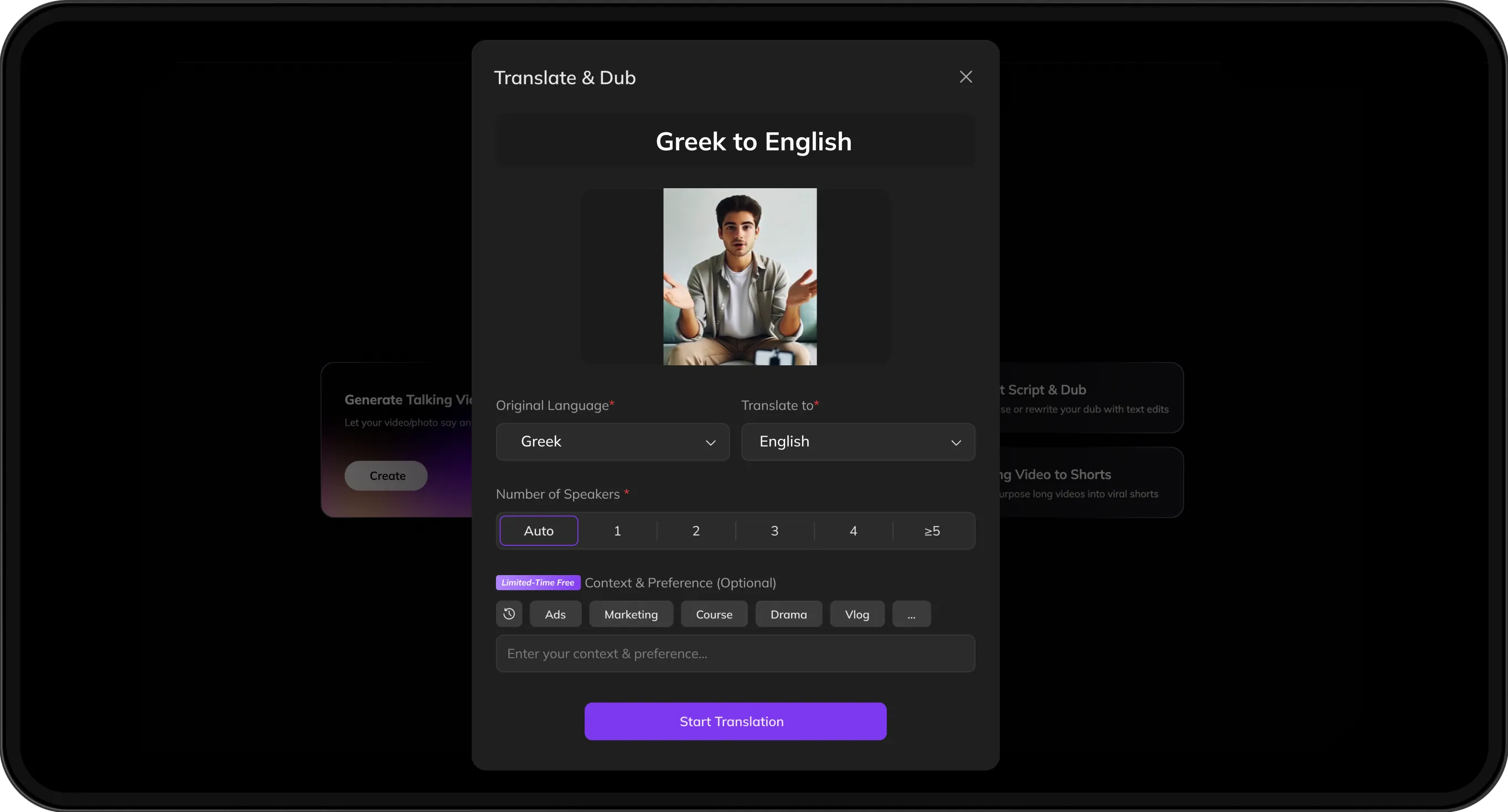 Video upload screen with options to select target language and customize speaker preferences for translation.
