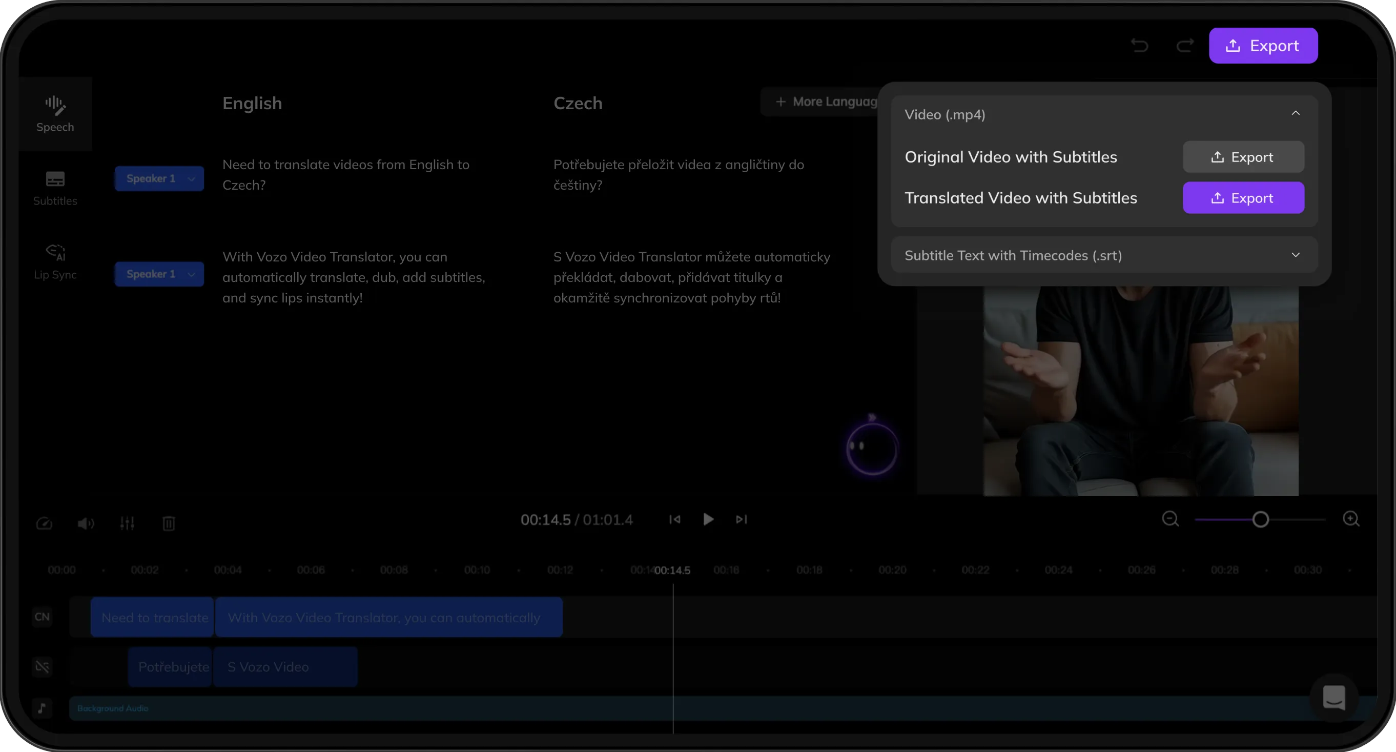 Export screen previewing both original and translated videos with subtitles for download.