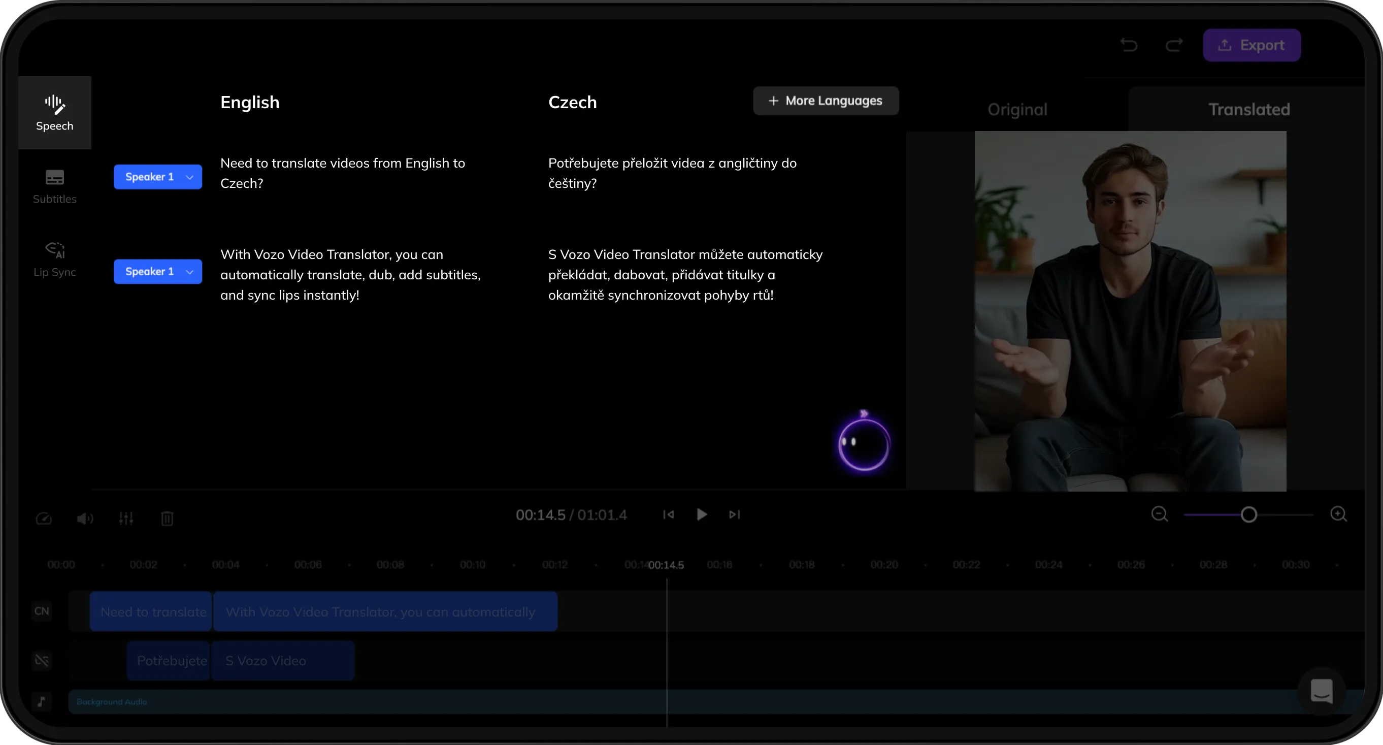 Interface displaying original and translated scripts for review and refinement.