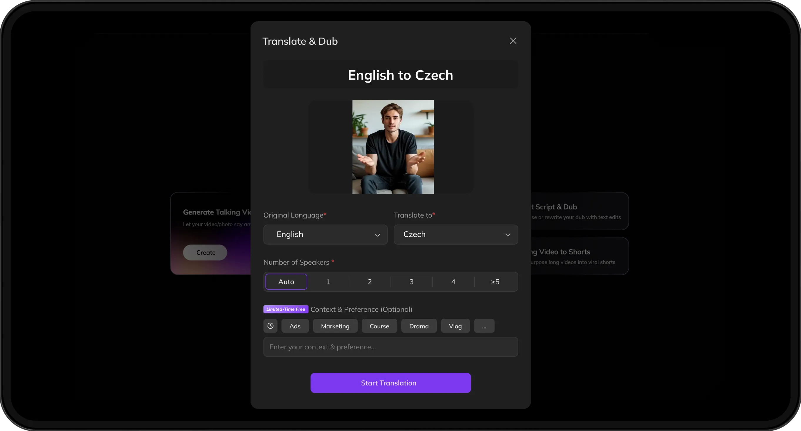 Video upload screen with options to select target language and customize speaker preferences for translation.