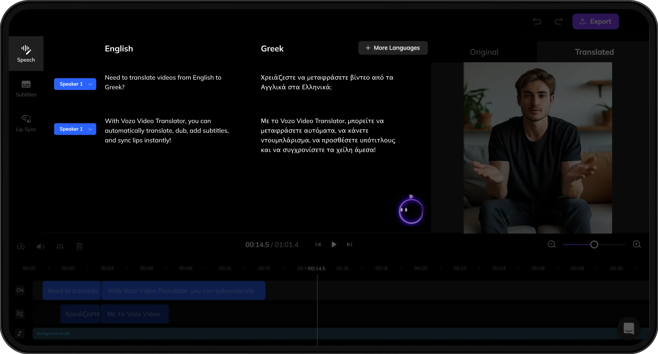 Interface displaying original and translated scripts for review and refinement.