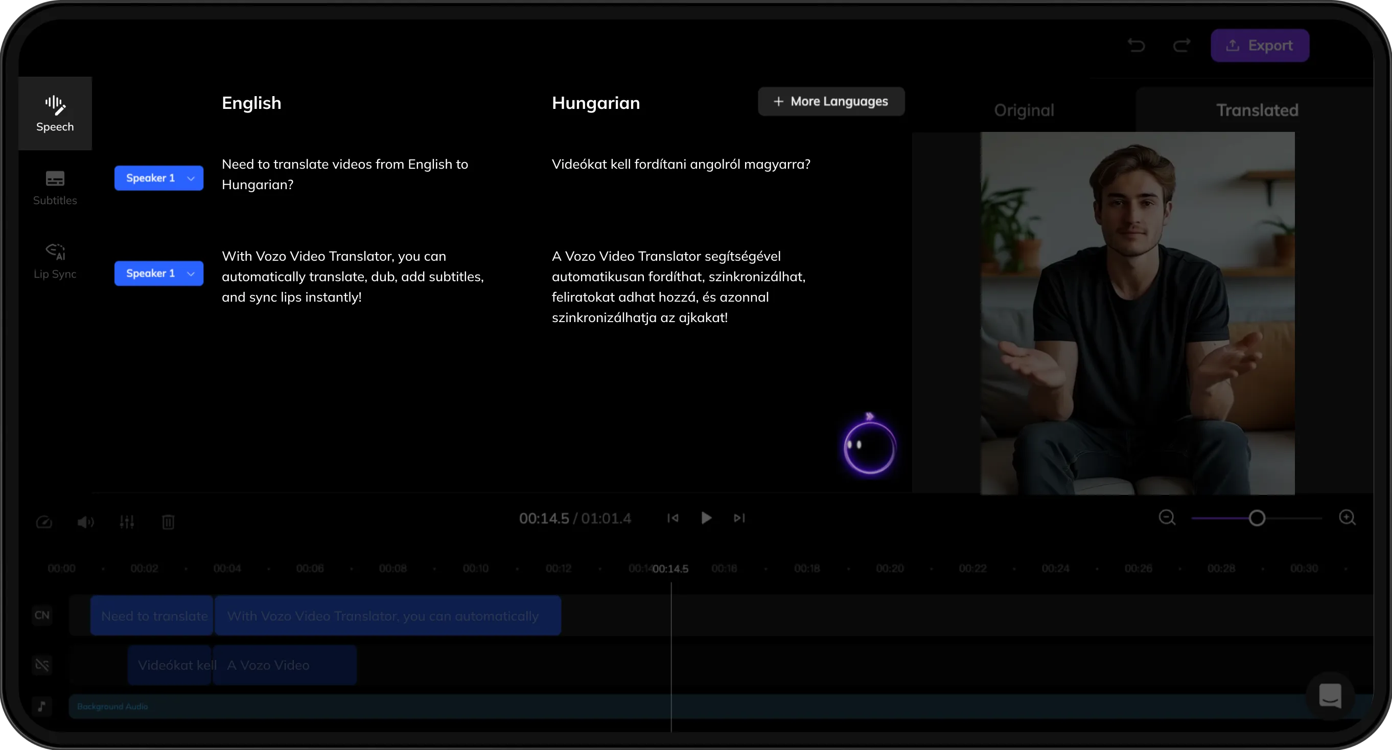 Interface displaying original and translated scripts for review and refinement.