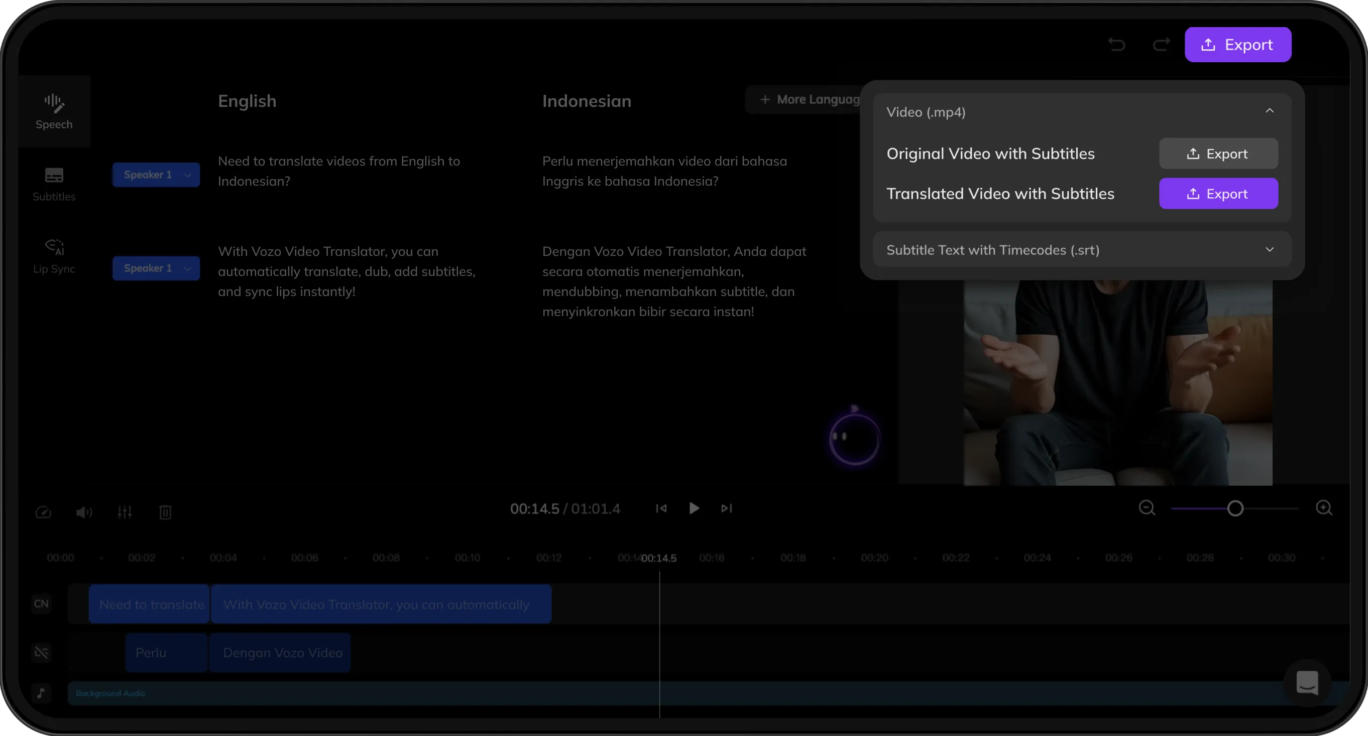 Export screen previewing both original and translated videos with subtitles for download.