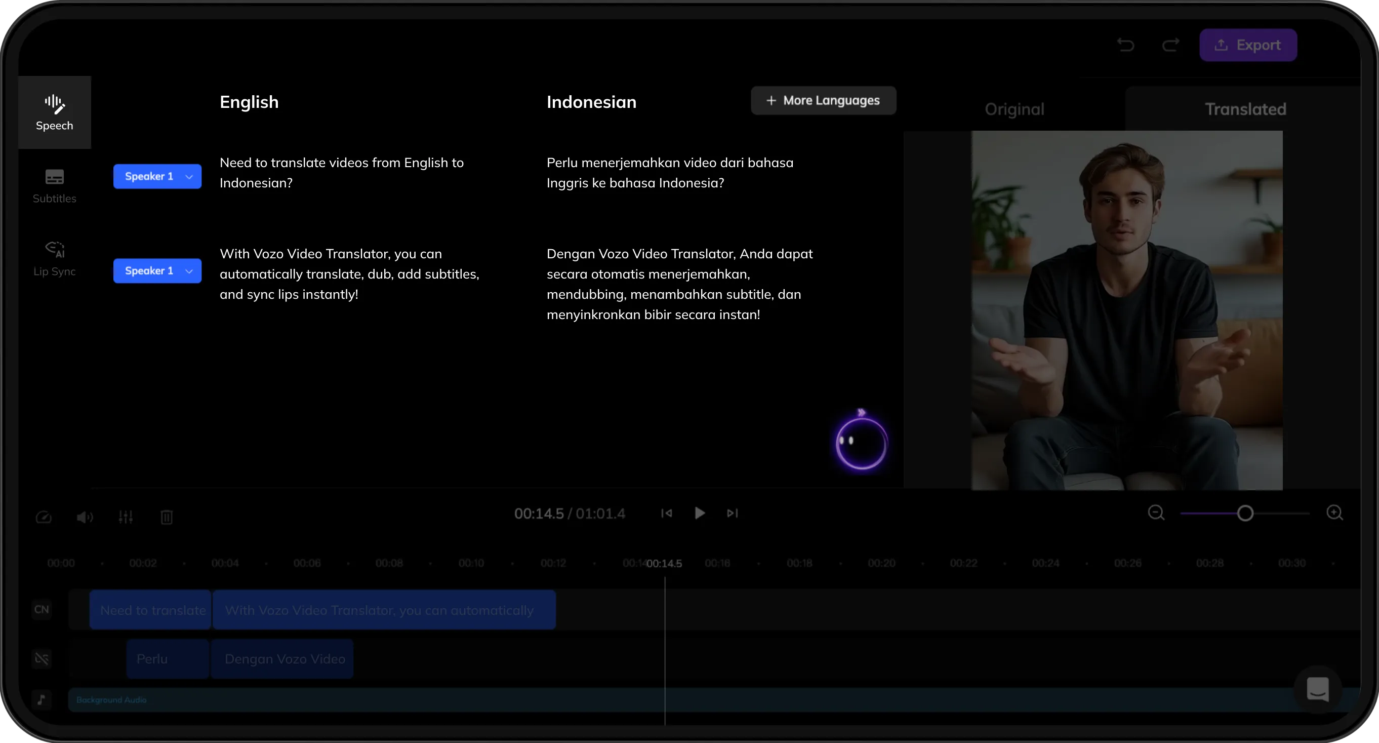 Interface displaying original and translated scripts for review and refinement.