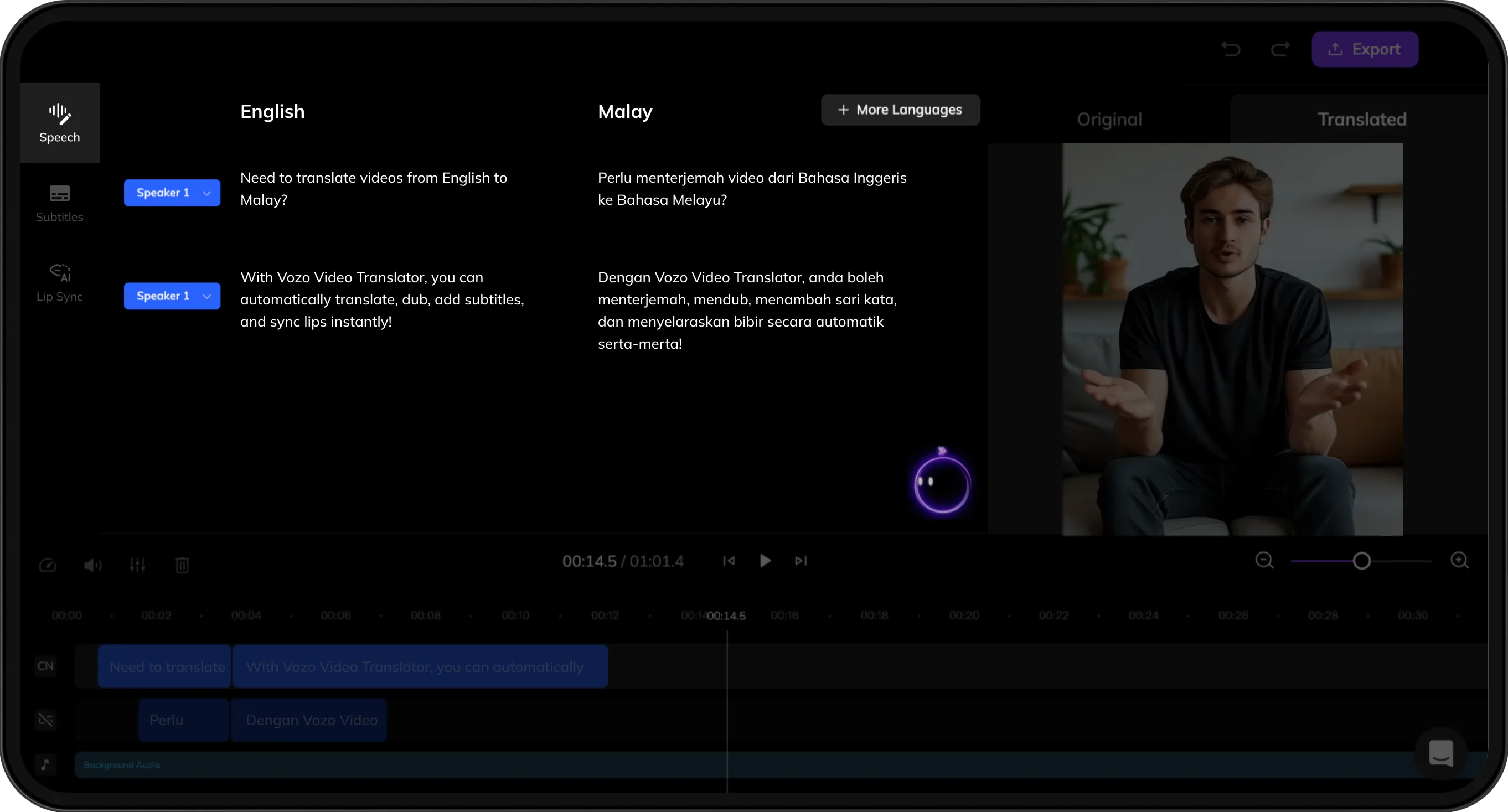 Interface displaying original and translated scripts for review and refinement.