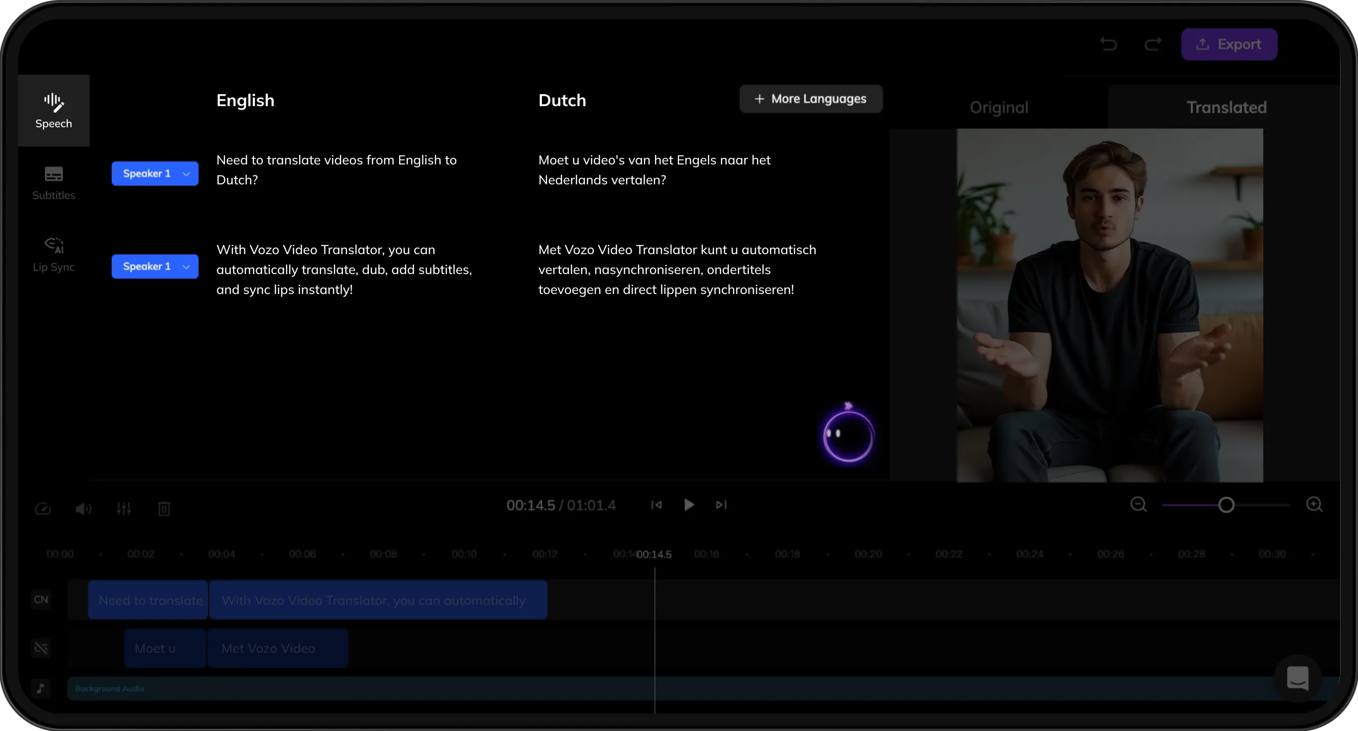 Interface displaying original and translated scripts for review and refinement.