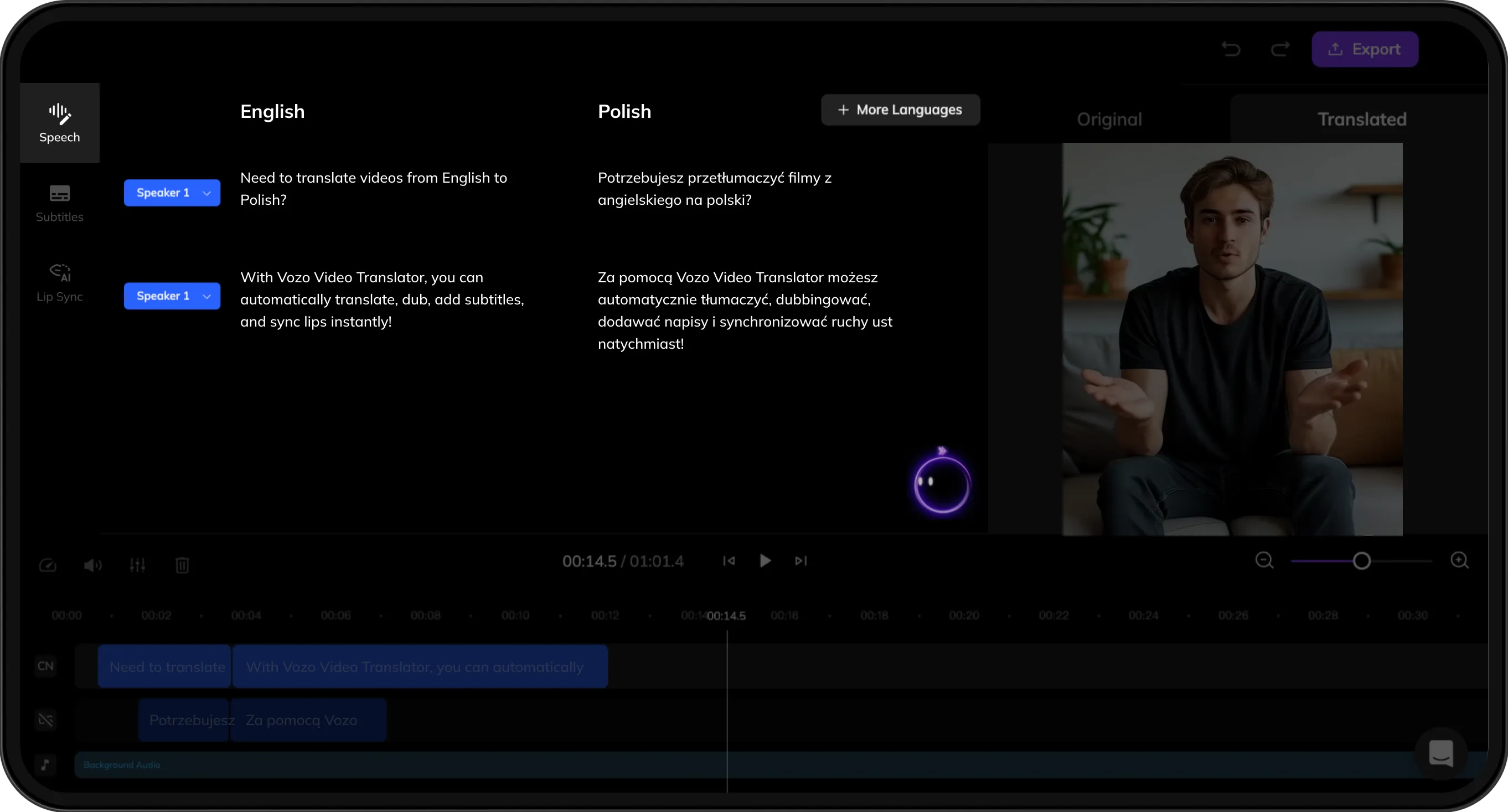Interface displaying original and translated scripts for review and refinement.