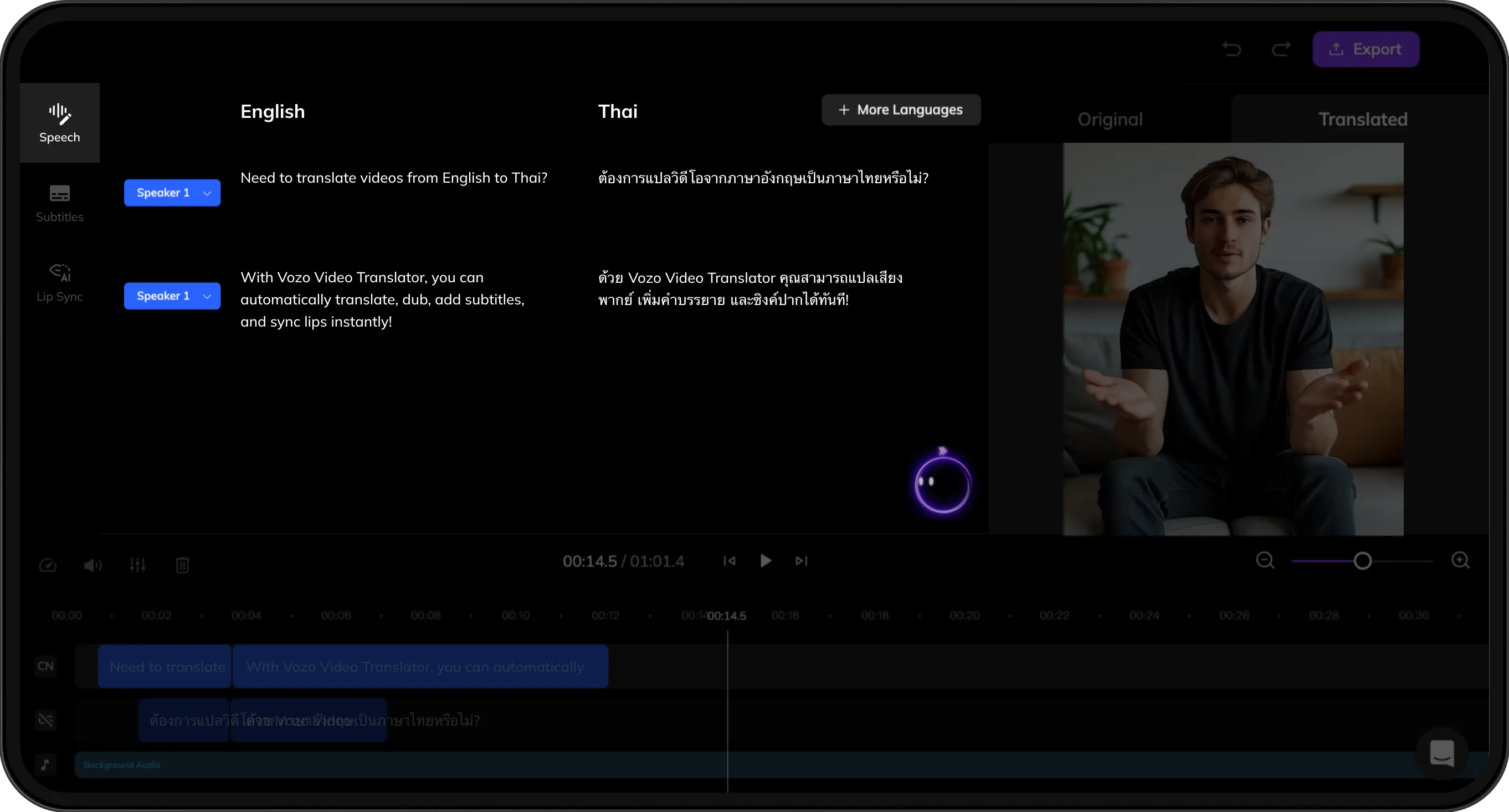 Interface displaying original and translated scripts for review and refinement.
