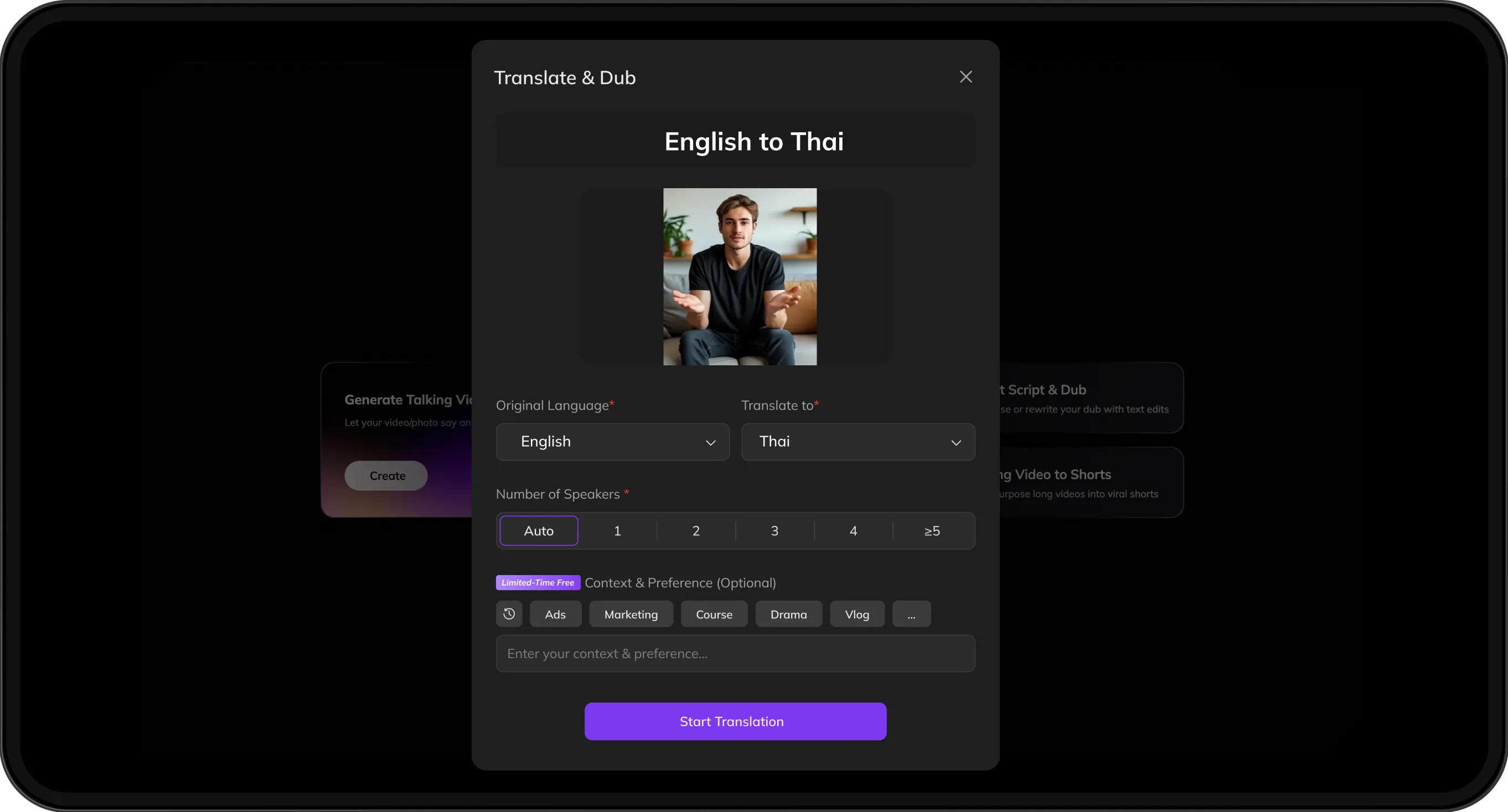 Video upload screen with options to select target language and customize speaker preferences for translation.