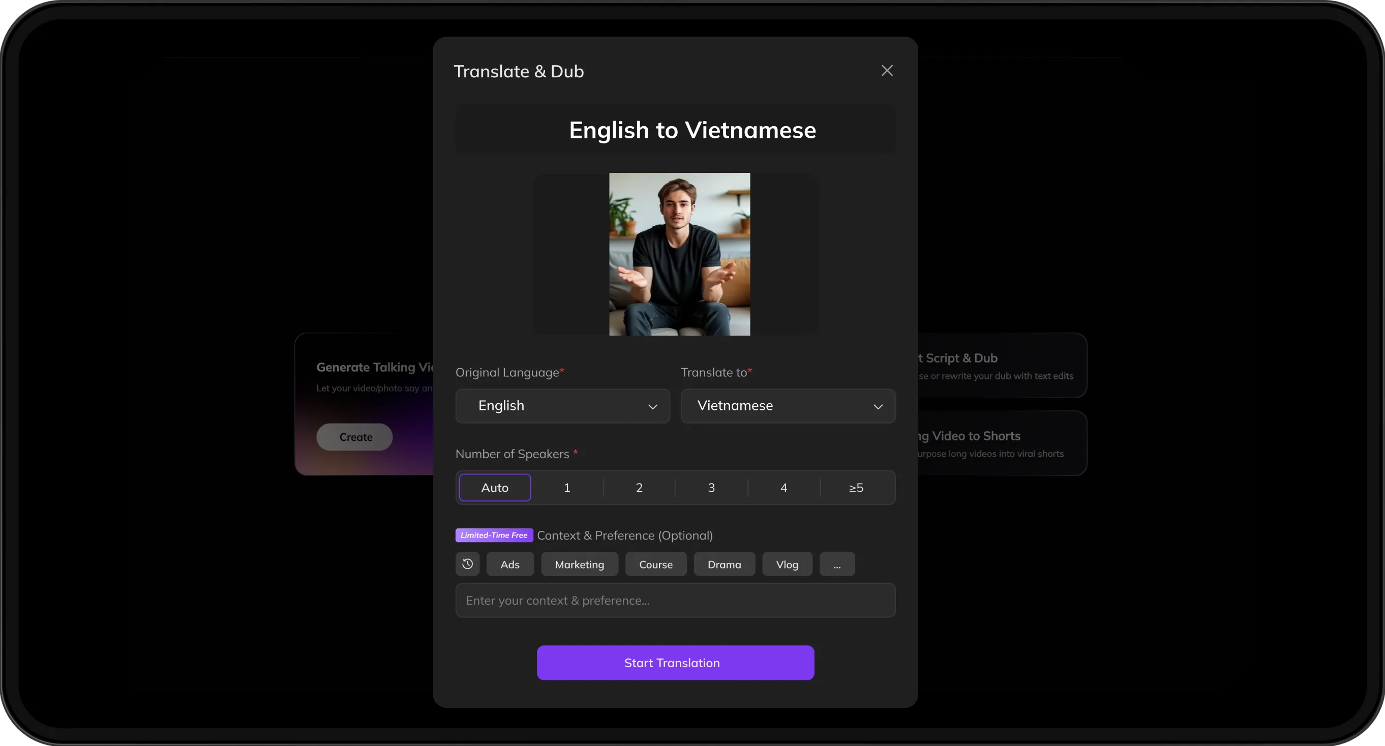 Video upload screen with options to select target language and customize speaker preferences for translation.