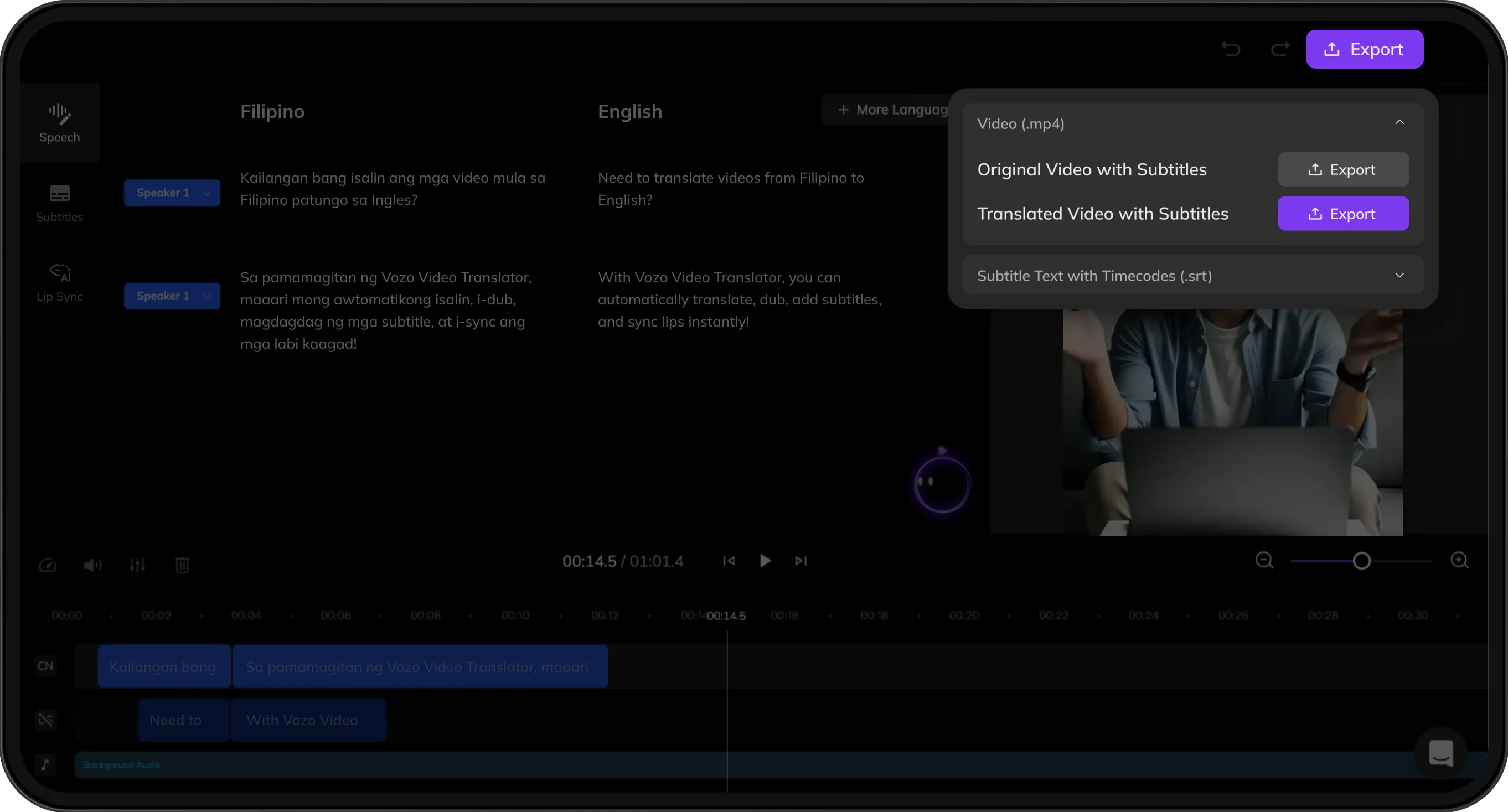Export screen previewing both original and translated videos with subtitles for download.