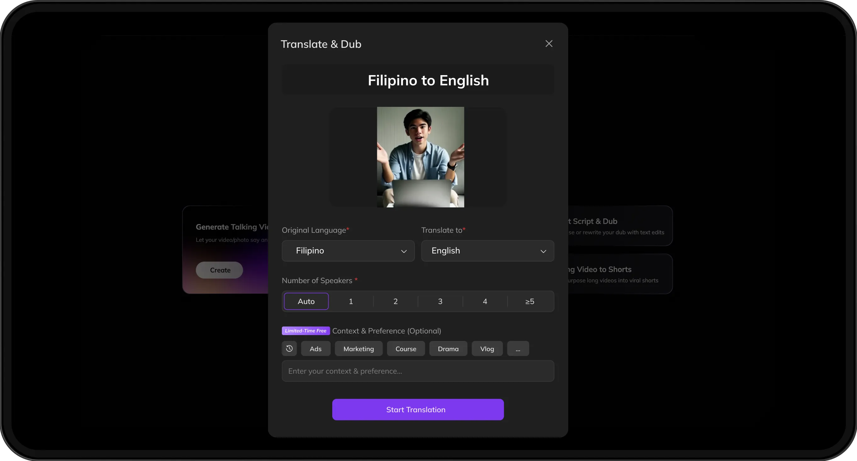 Video upload screen with options to select target language and customize speaker preferences for translation.