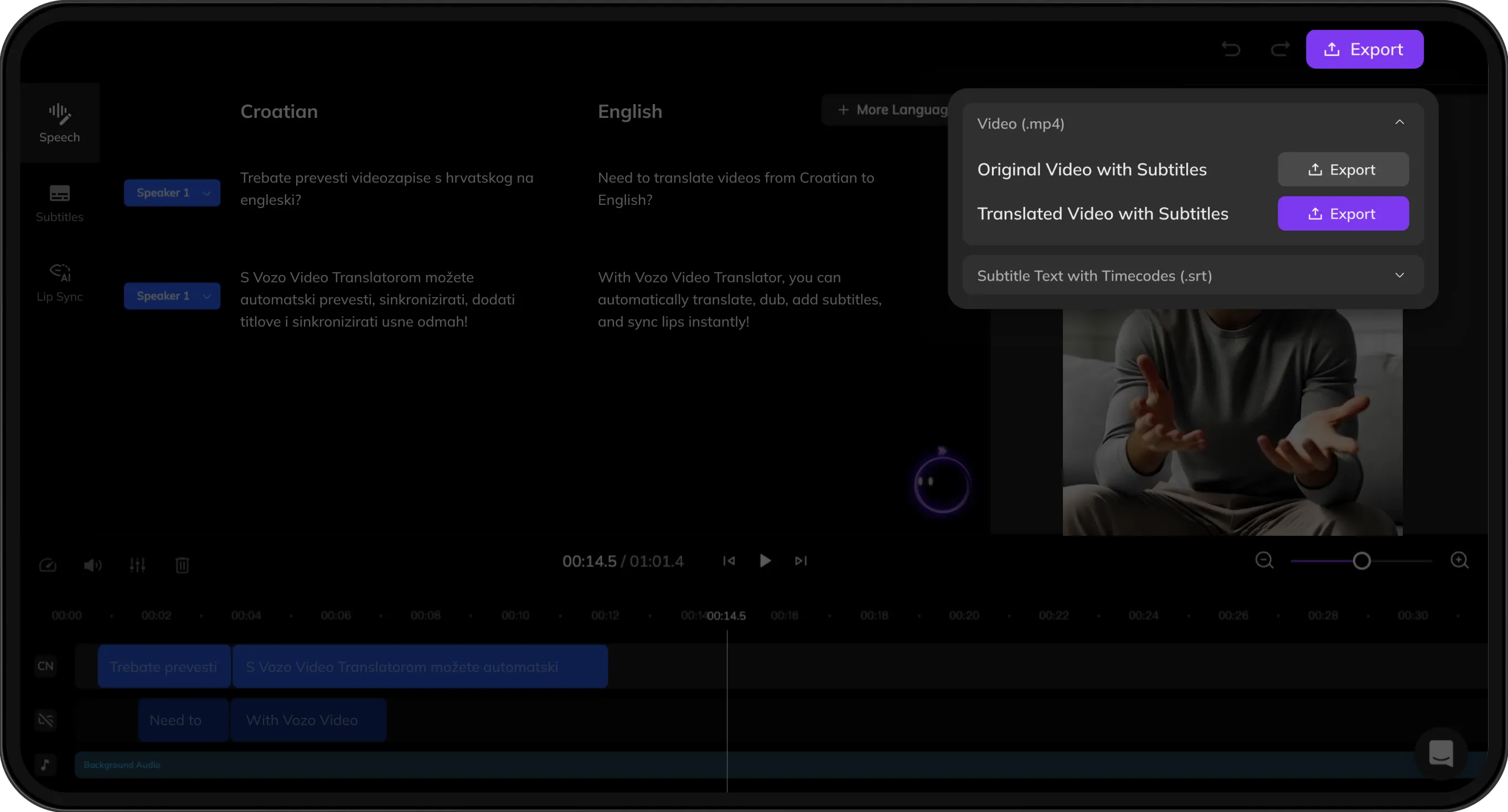 Export screen previewing both original and translated videos with subtitles for download.