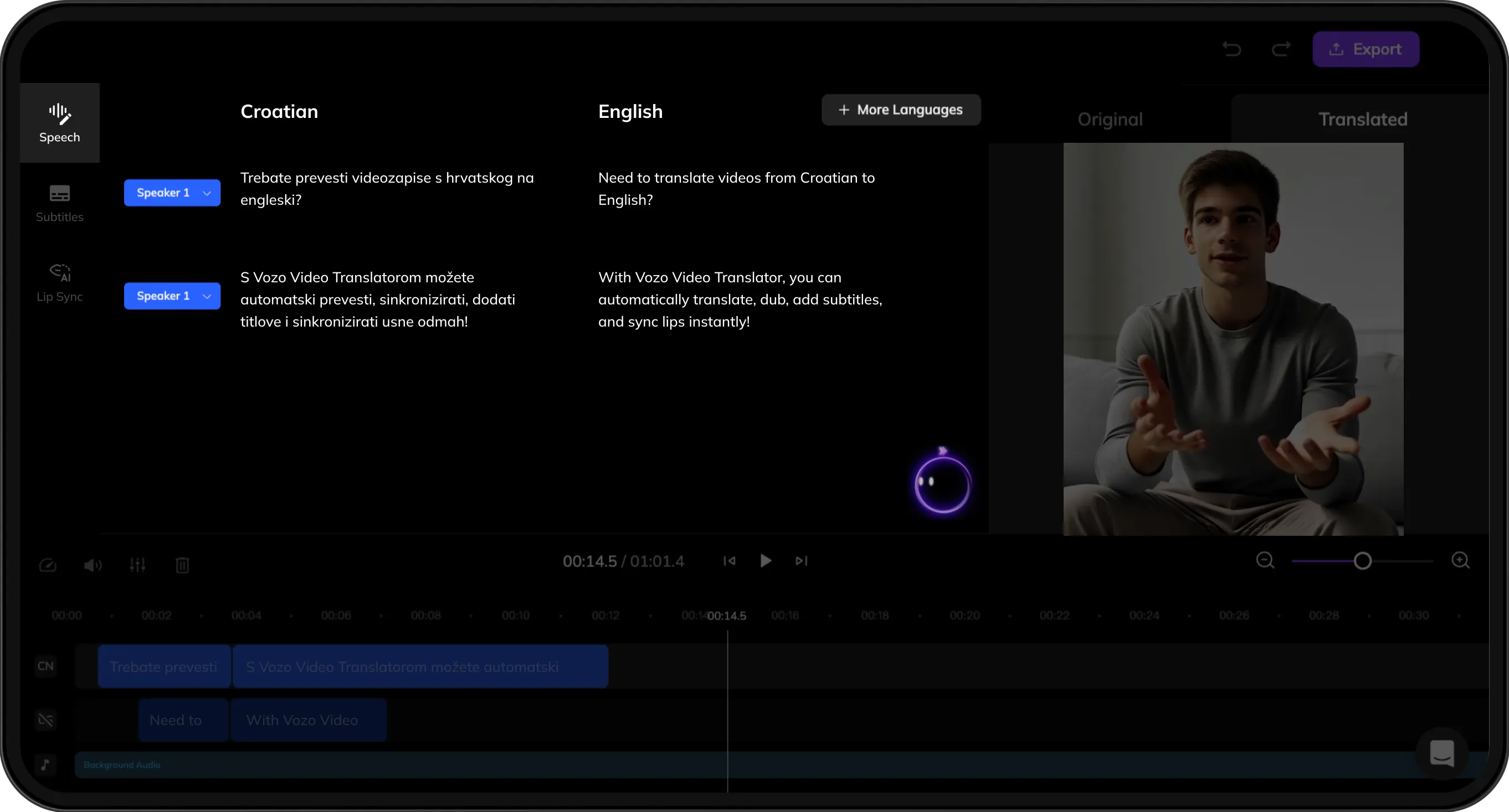 Interface displaying original and translated scripts for review and refinement.