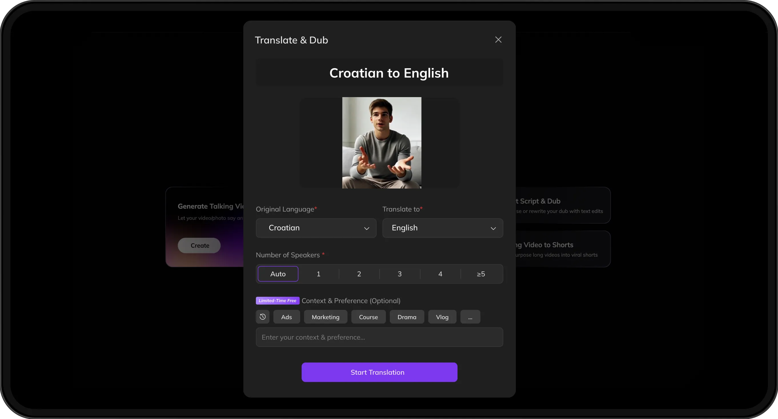 Video upload screen with options to select target language and customize speaker preferences for translation.