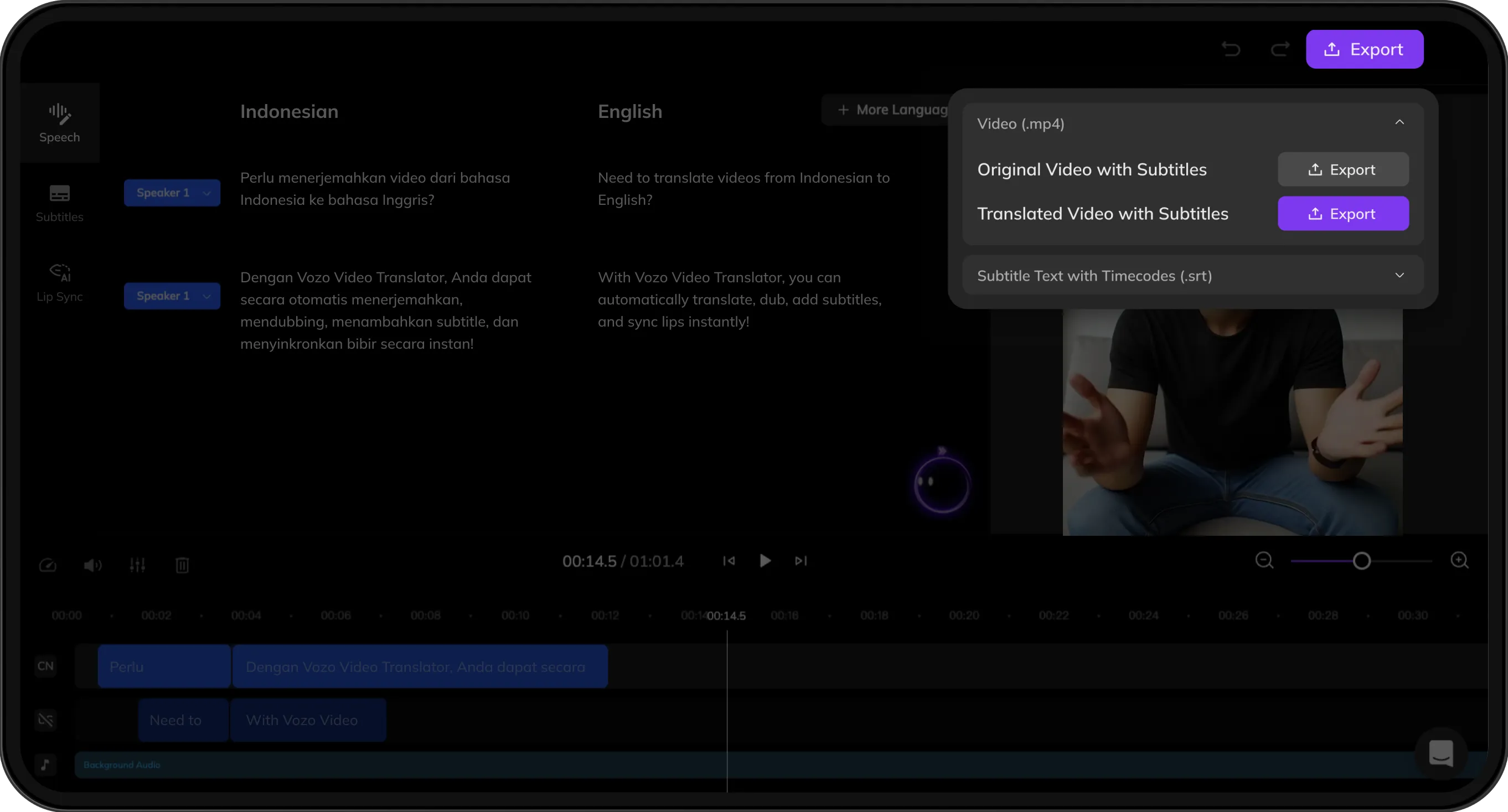 Export screen previewing both original and translated videos with subtitles for download.
