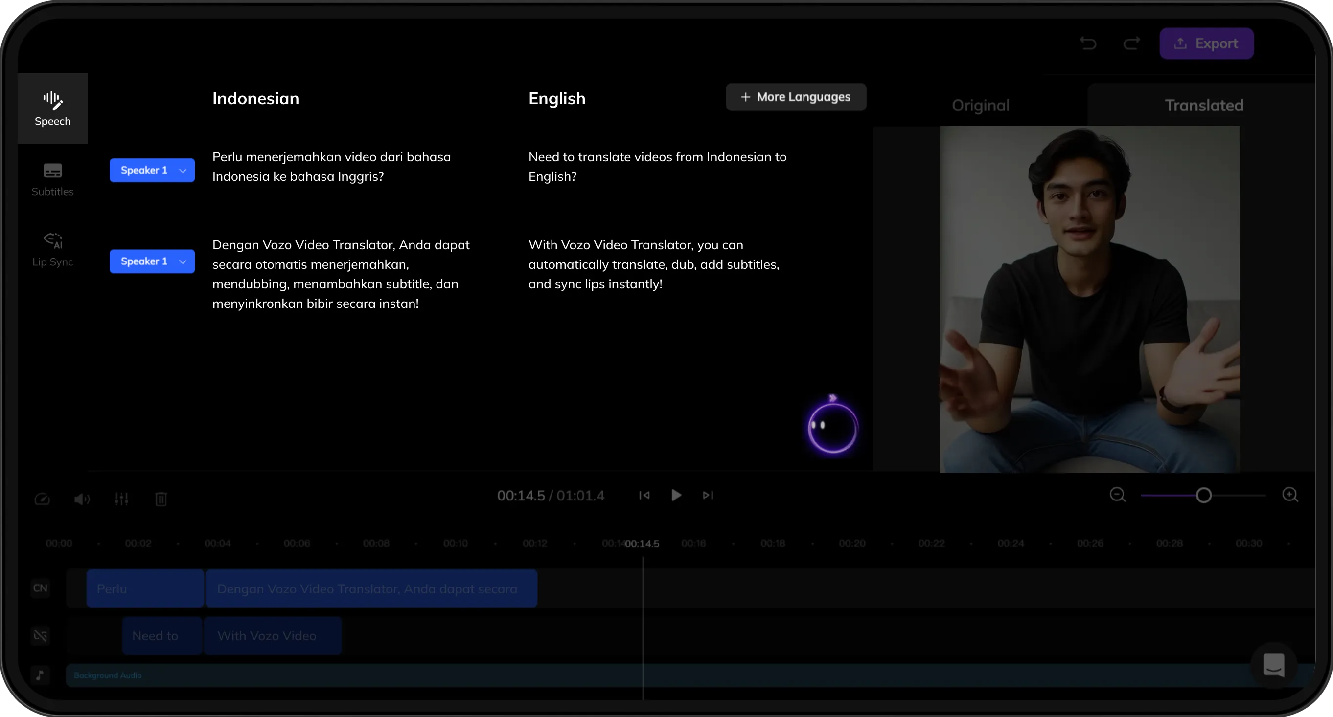 Interface displaying original and translated scripts for review and refinement.