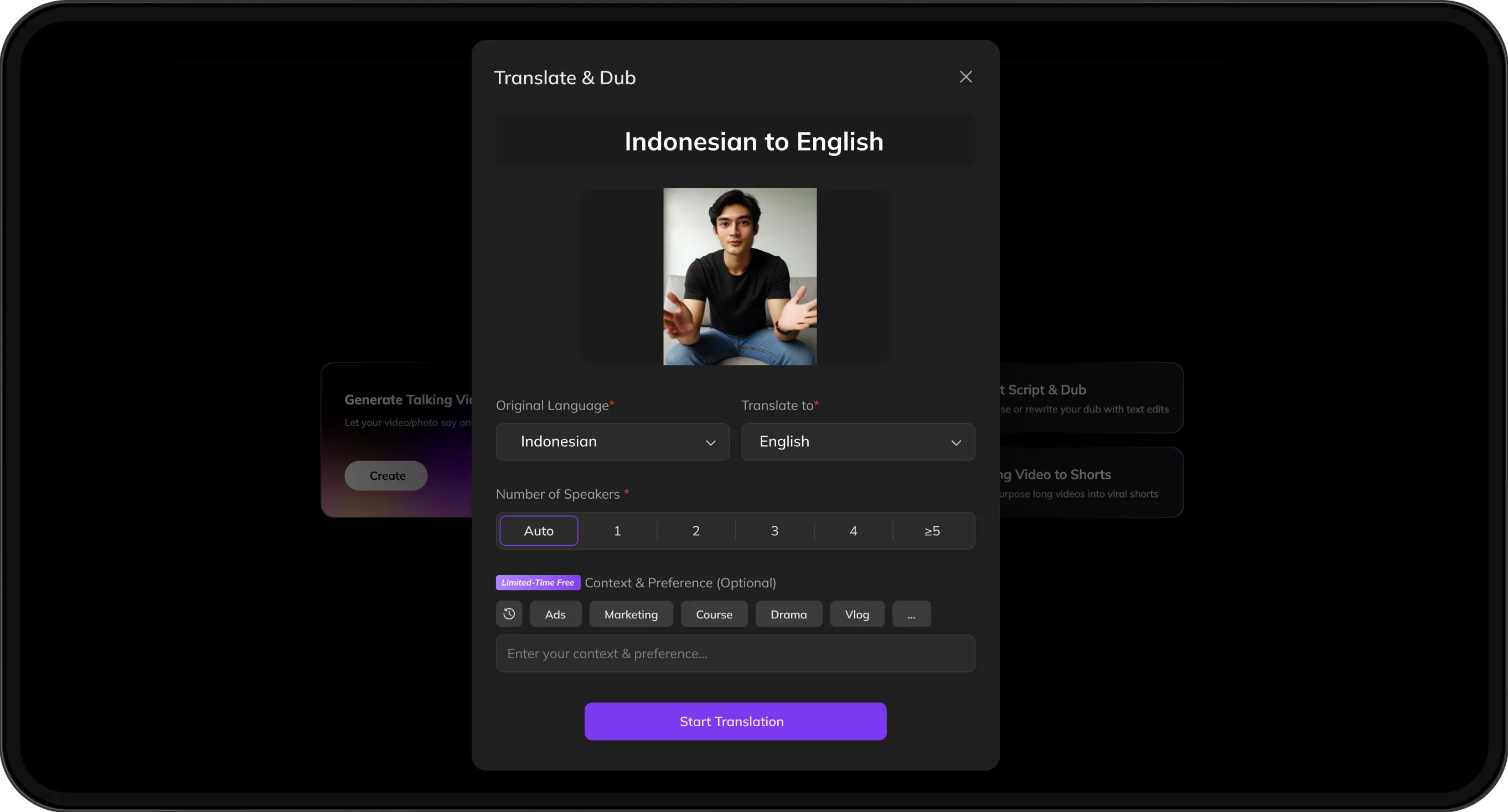 Video upload screen with options to select target language and customize speaker preferences for translation.