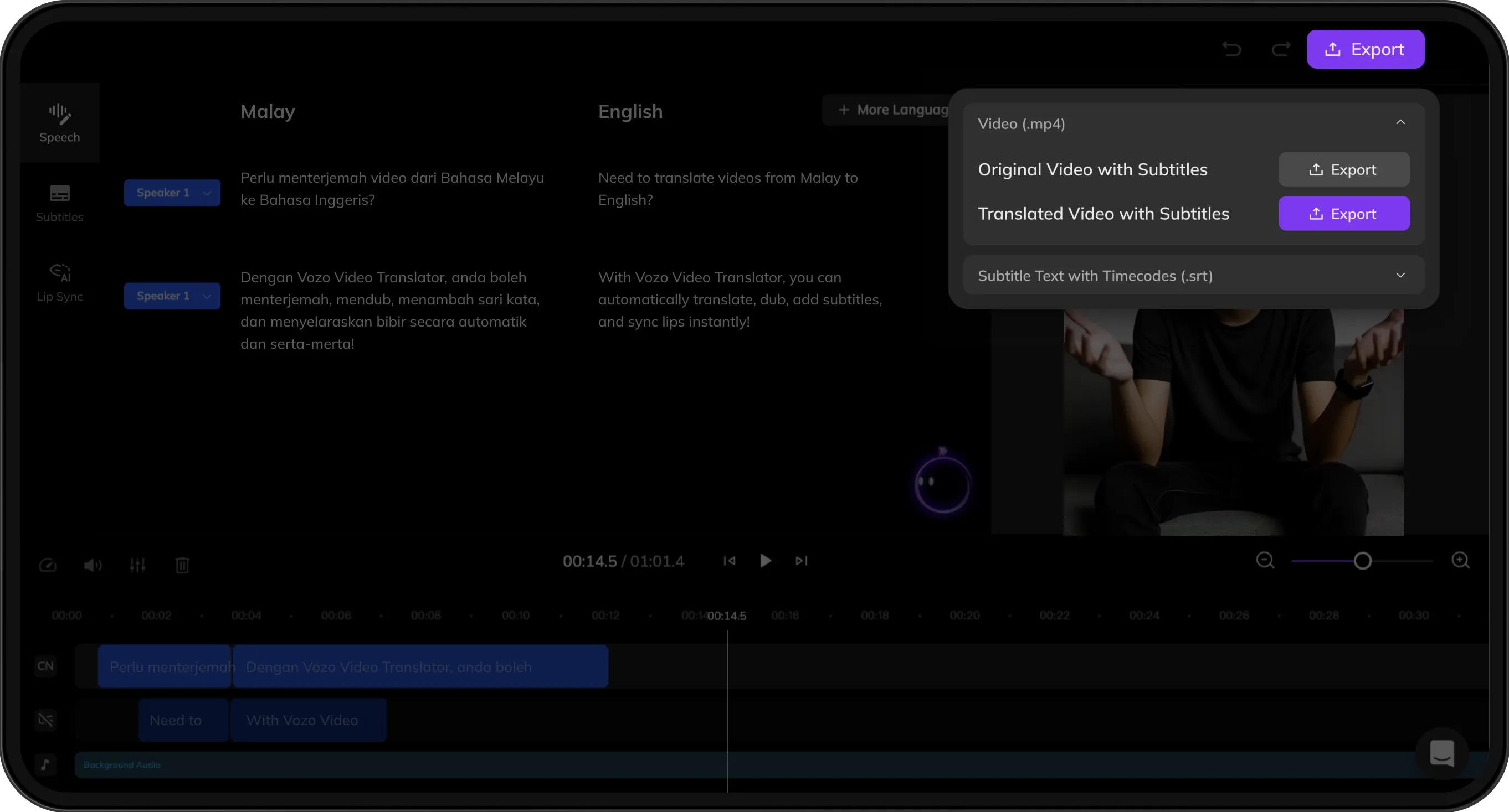 Export screen previewing both original and translated videos with subtitles for download.