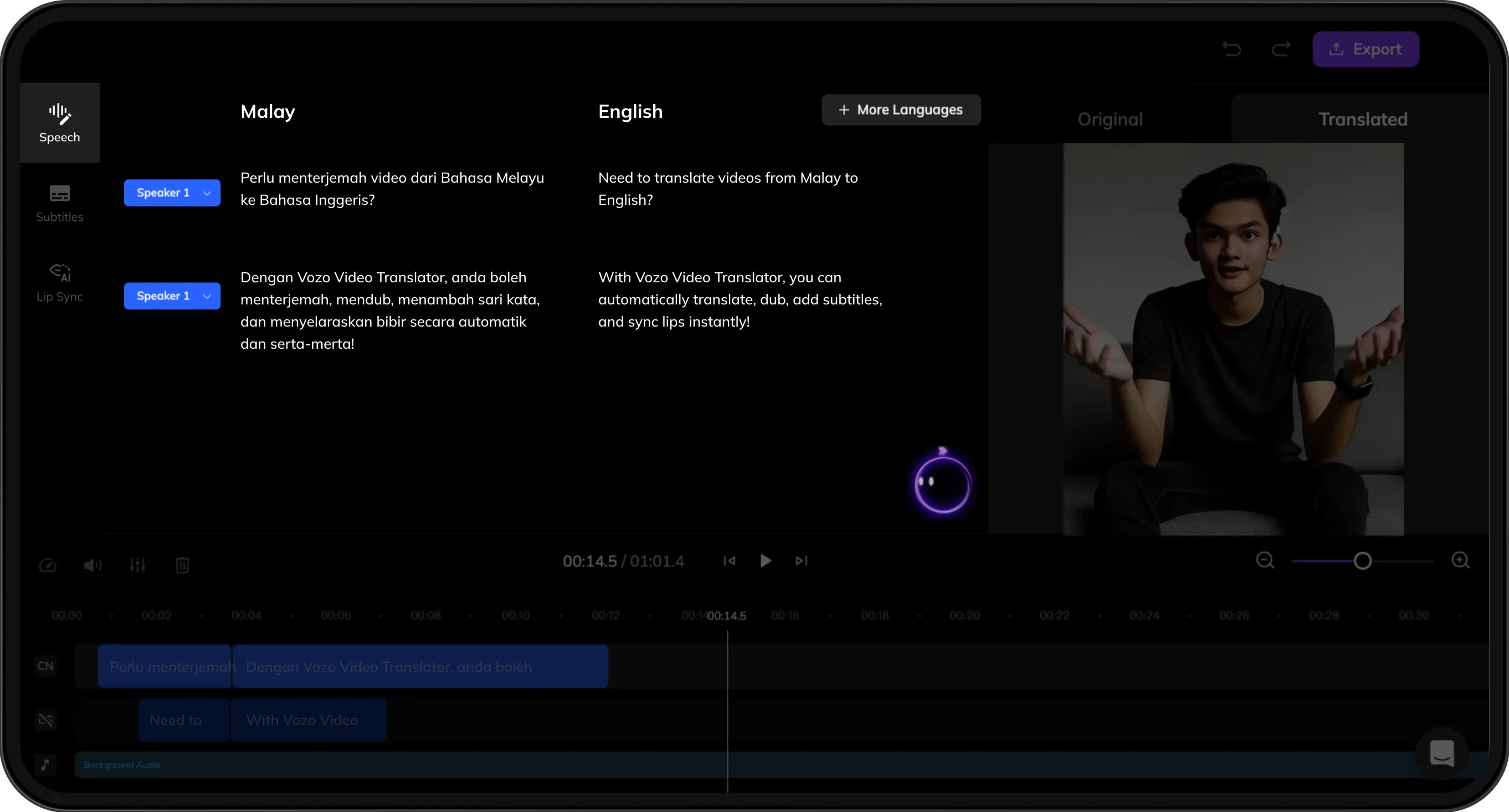Interface displaying original and translated scripts for review and refinement.