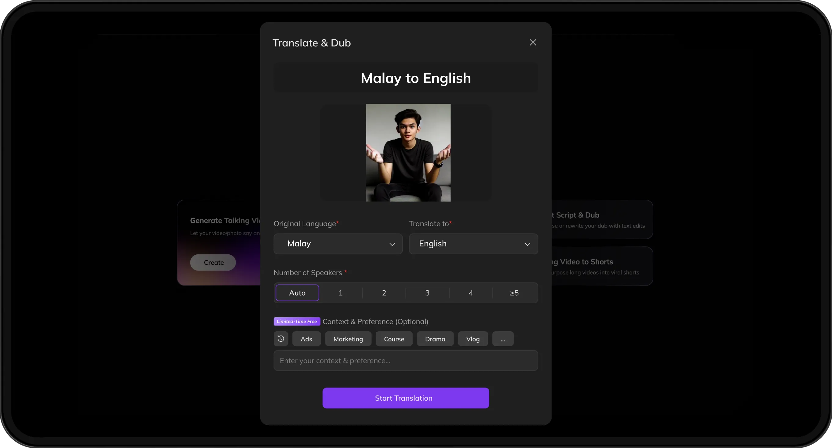 Video upload screen with options to select target language and customize speaker preferences for translation.
