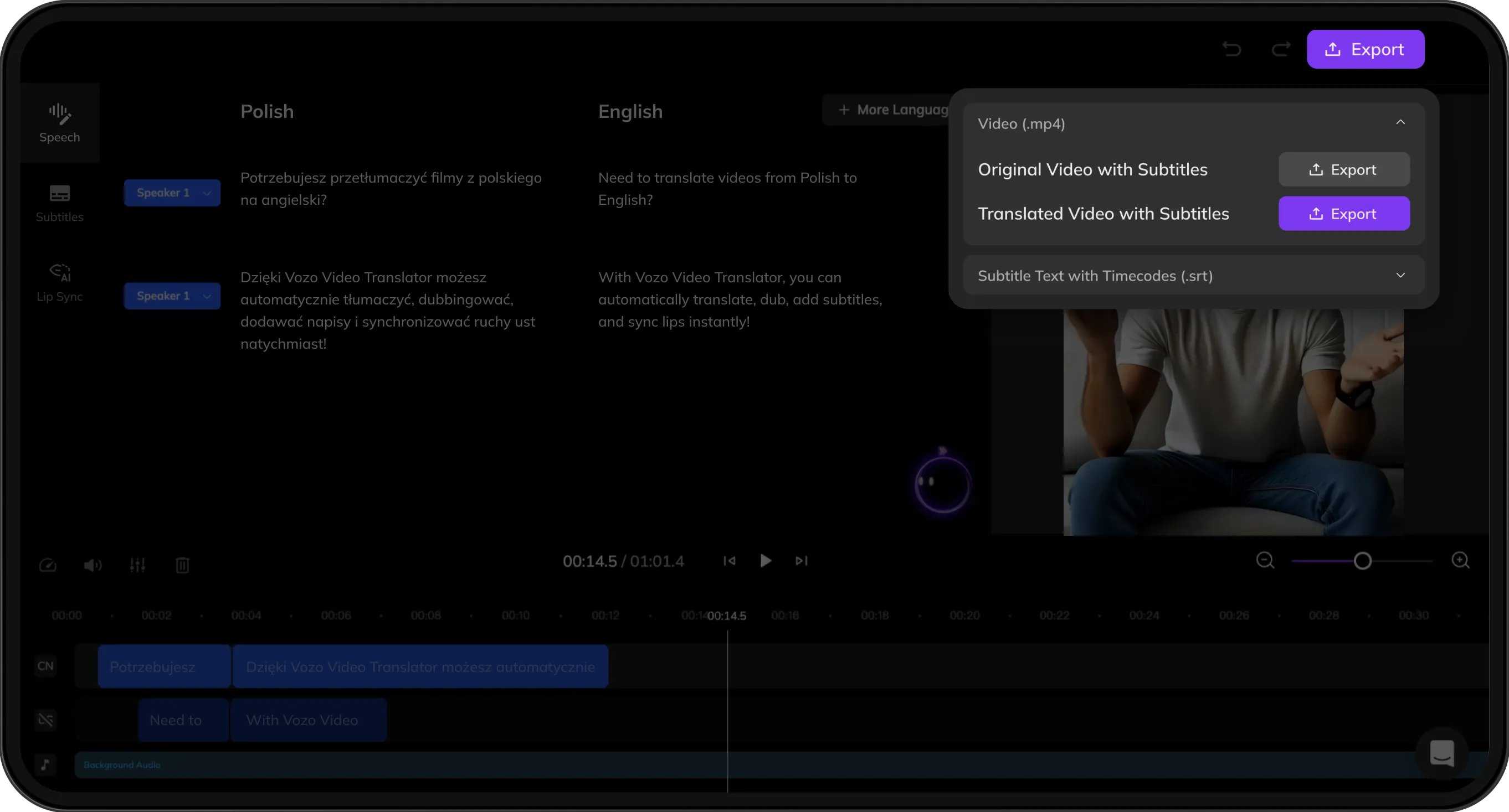 Export screen previewing both original and translated videos with subtitles for download.