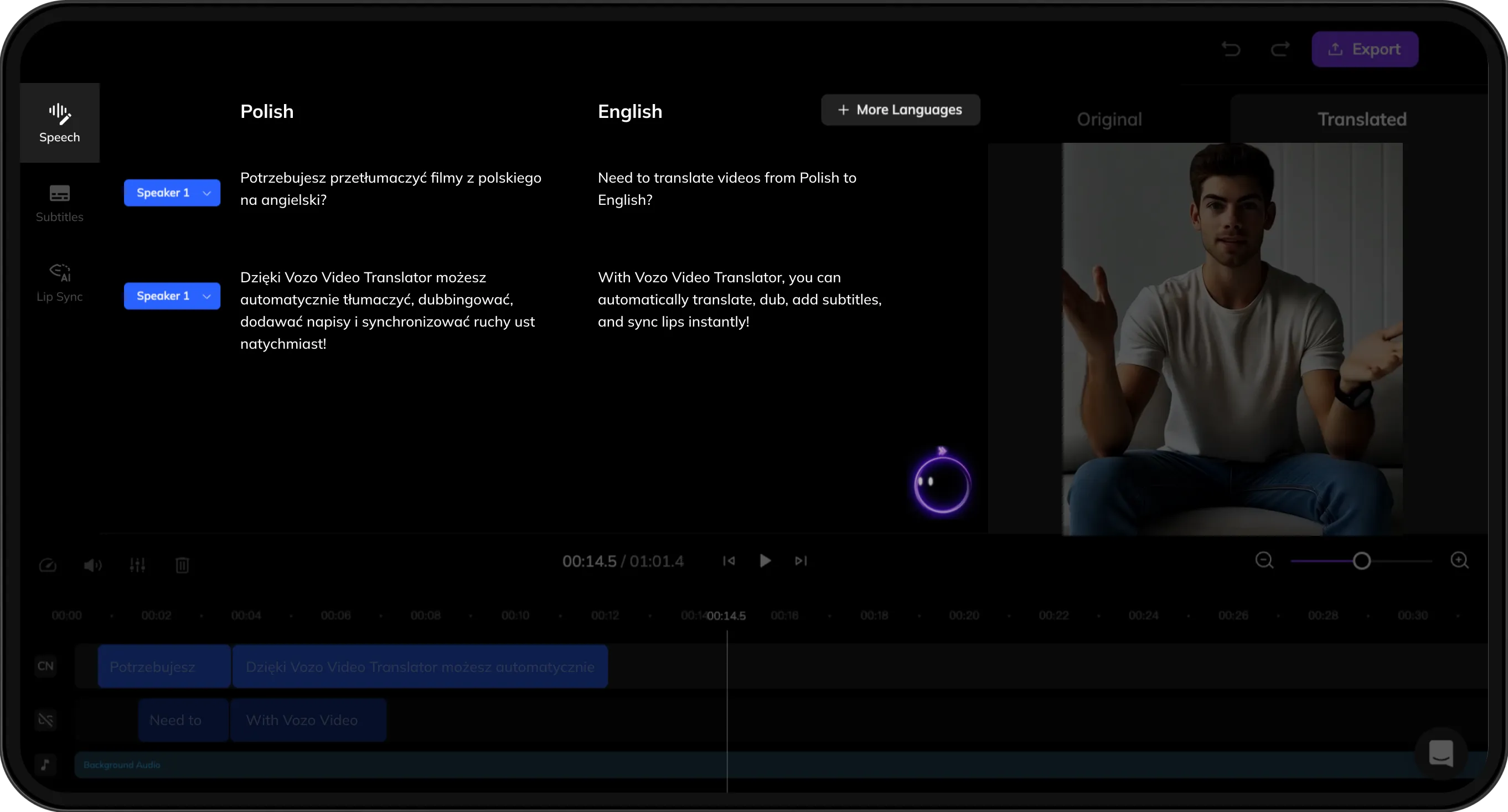 Interface displaying original and translated scripts for review and refinement.