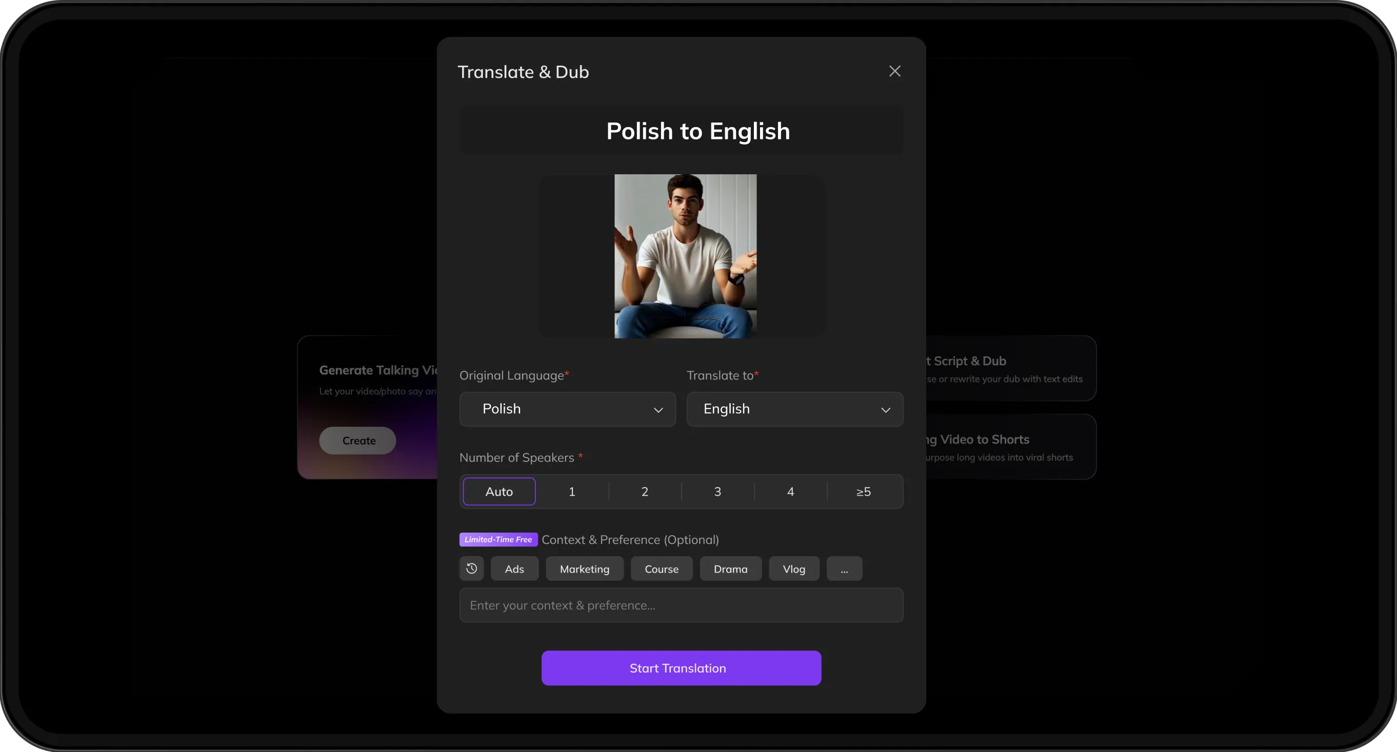 Video upload screen with options to select target language and customize speaker preferences for translation.