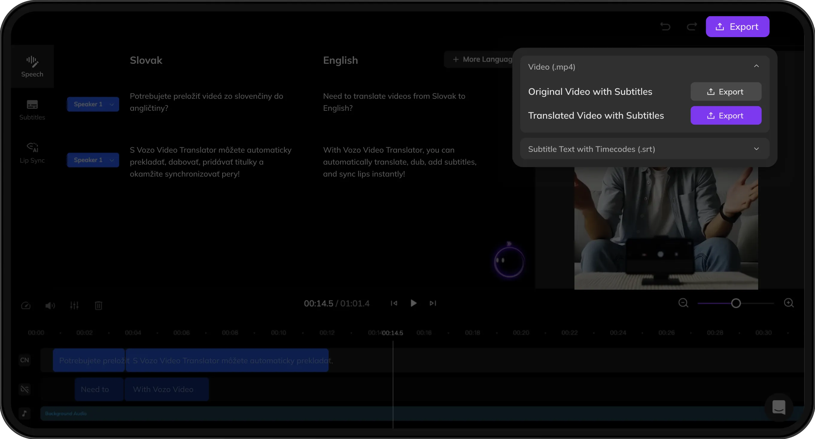 Export screen previewing both original and translated videos with subtitles for download.