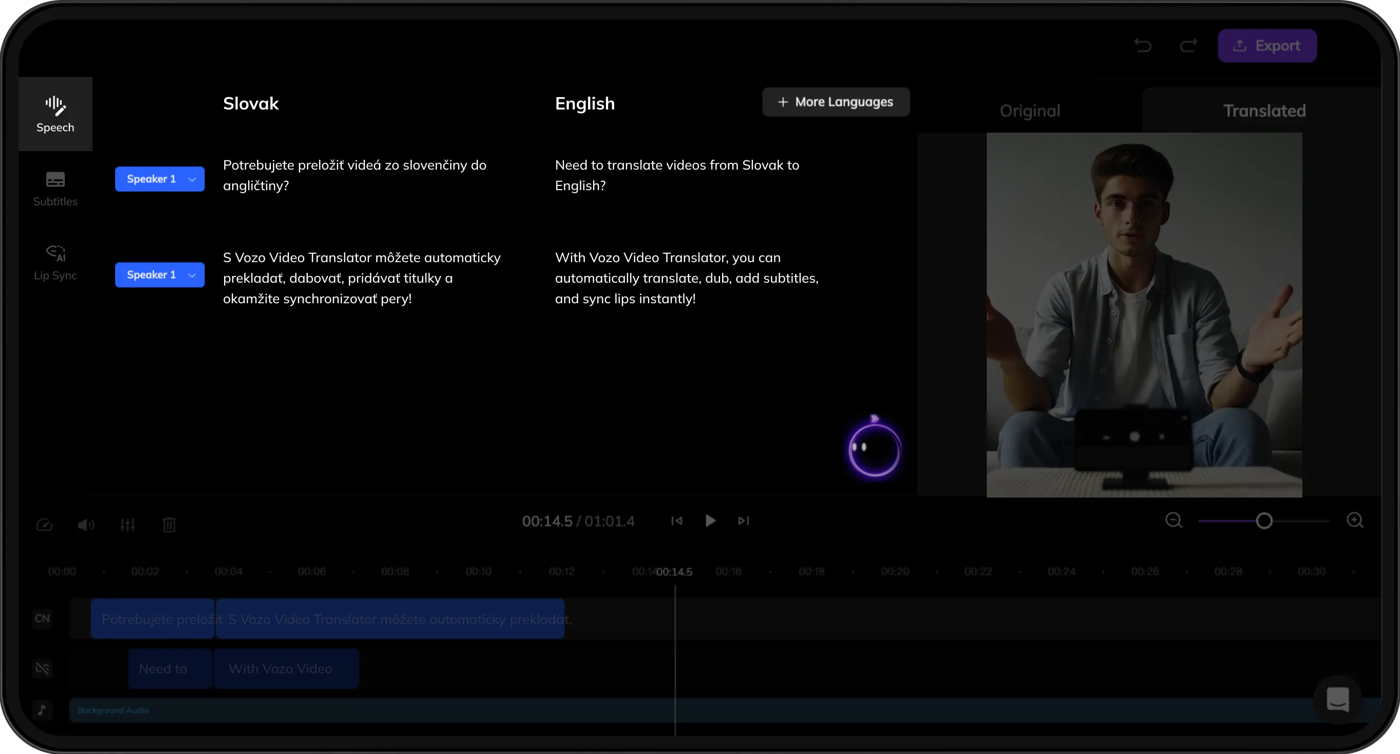 Interface displaying original and translated scripts for review and refinement.
