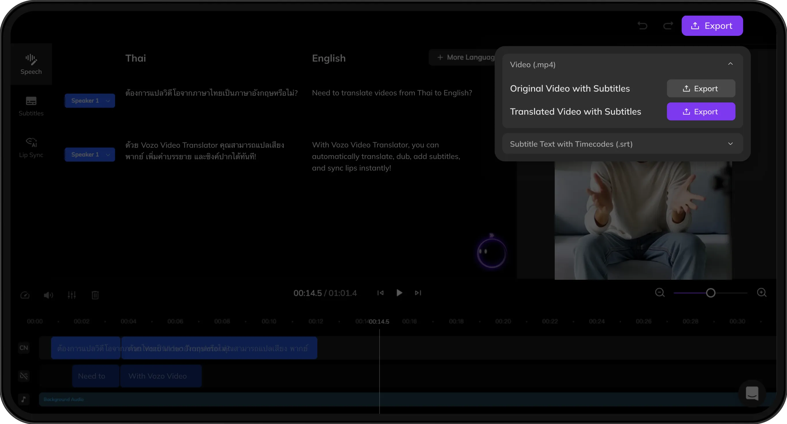 Export screen previewing both original and translated videos with subtitles for download.