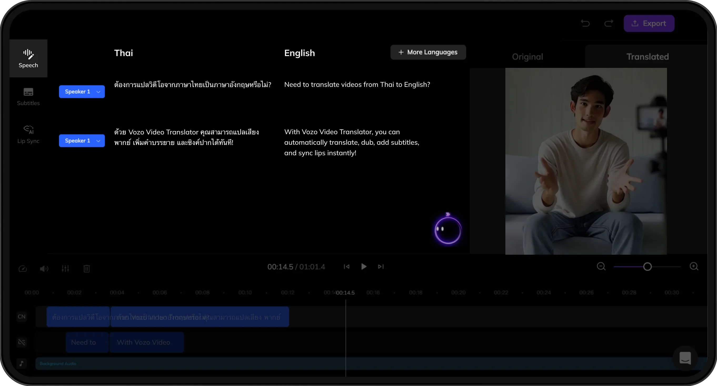Interface displaying original and translated scripts for review and refinement.