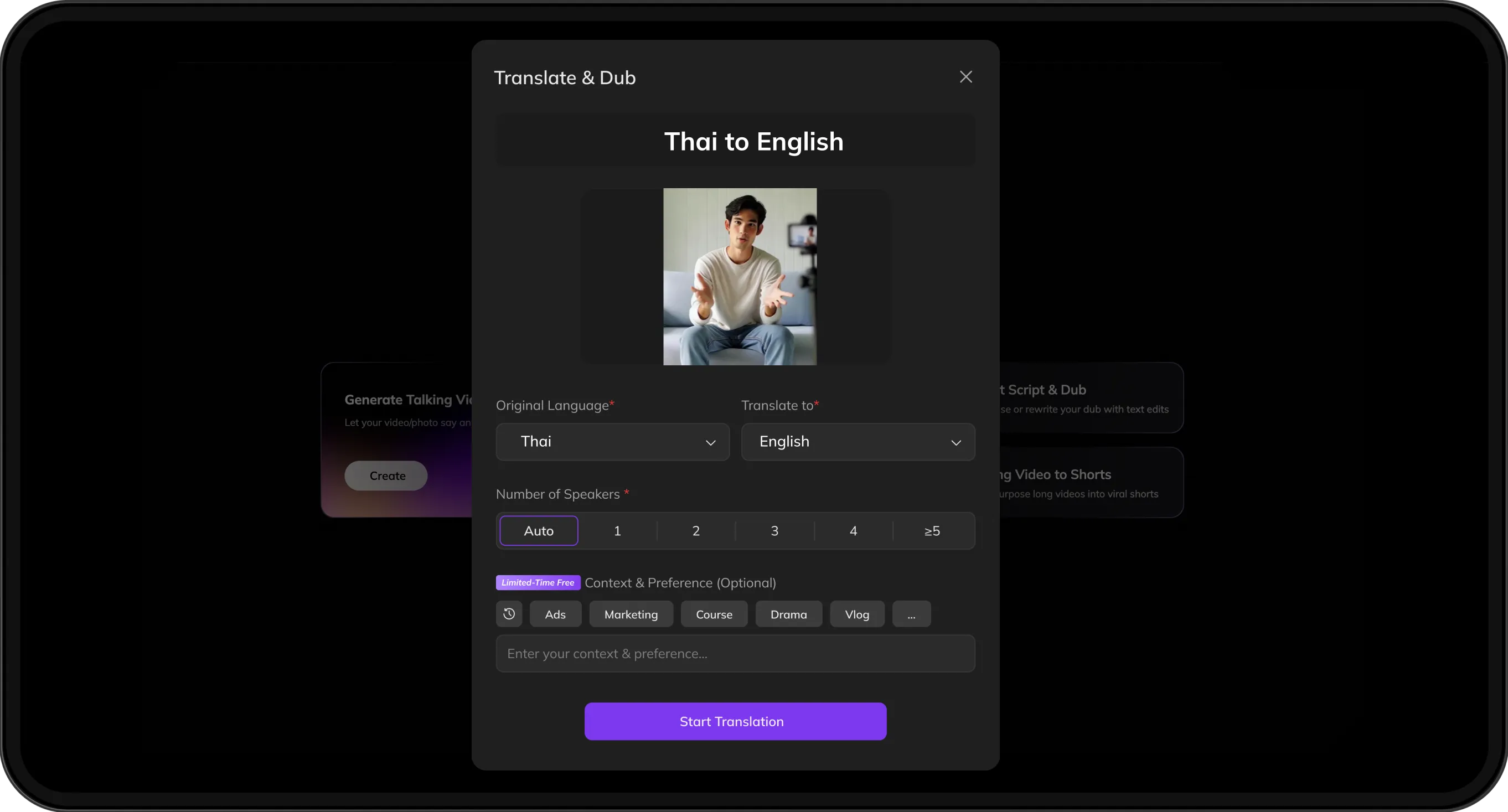 Video upload screen with options to select target language and customize speaker preferences for translation.
