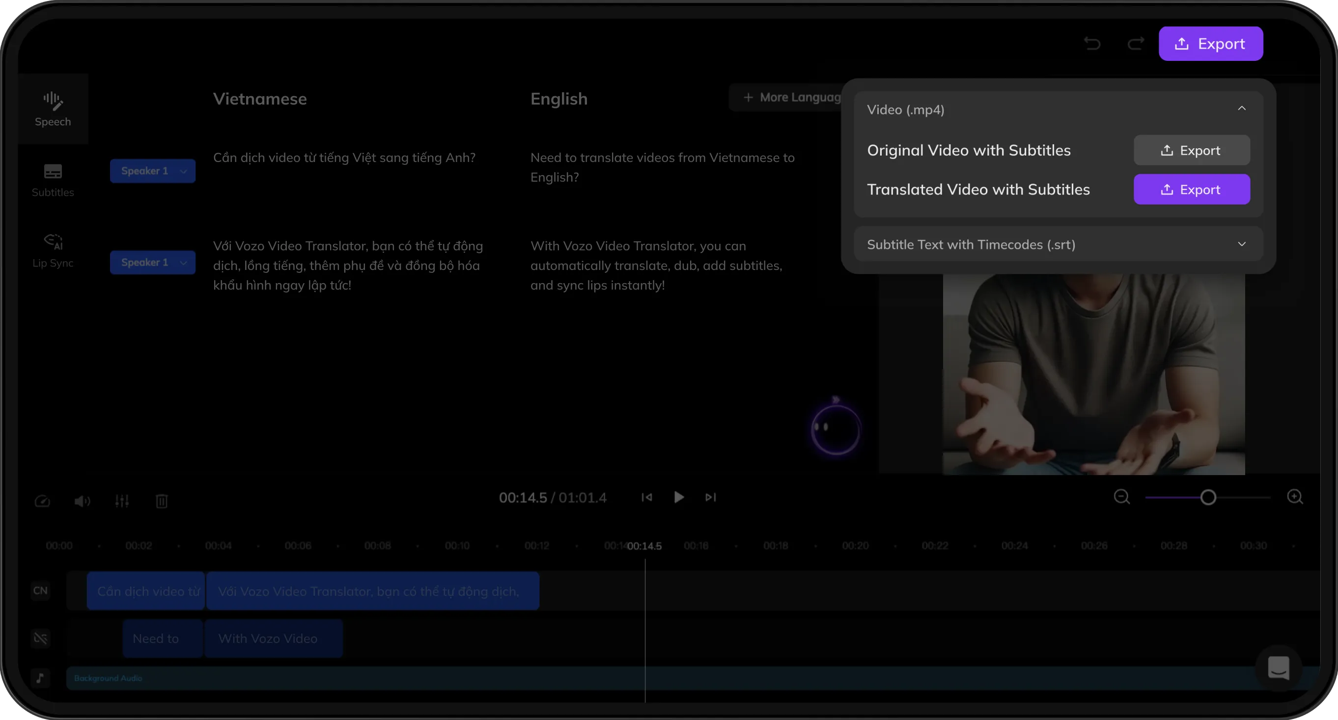 Export screen previewing both original and translated videos with subtitles for download.