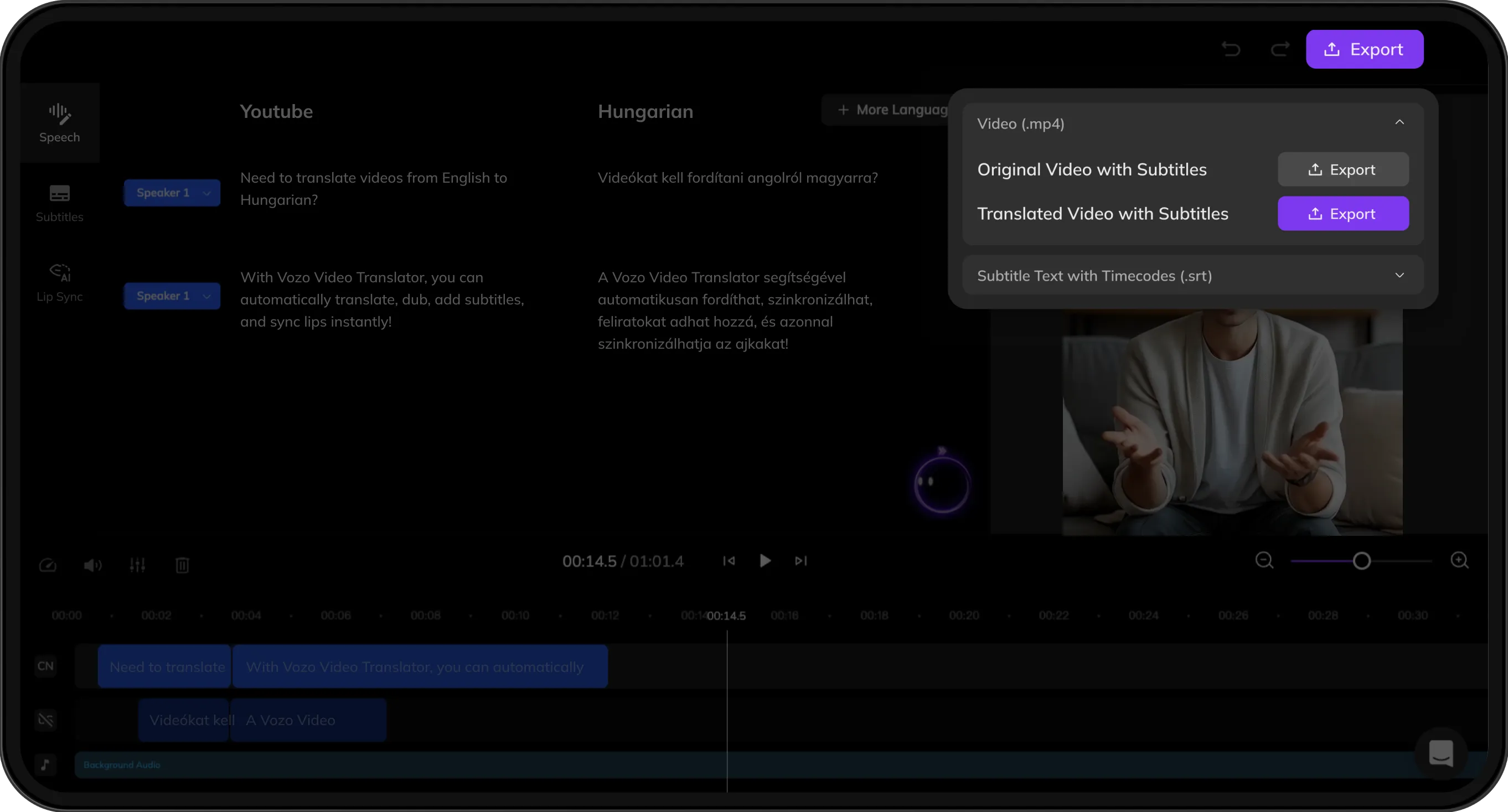 Export screen previewing both original and translated videos with subtitles for download.