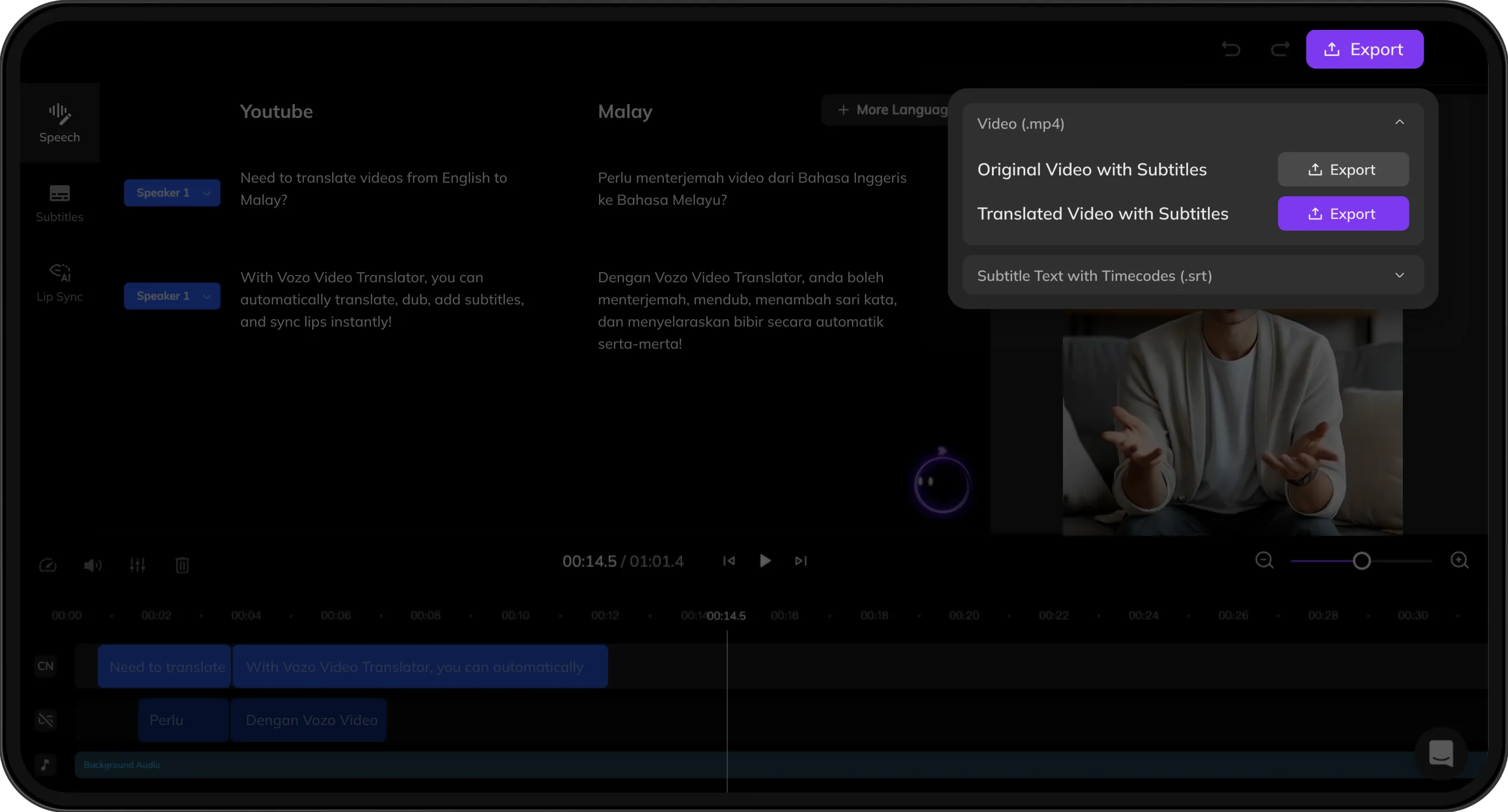 Export screen previewing both original and translated videos with subtitles for download.
