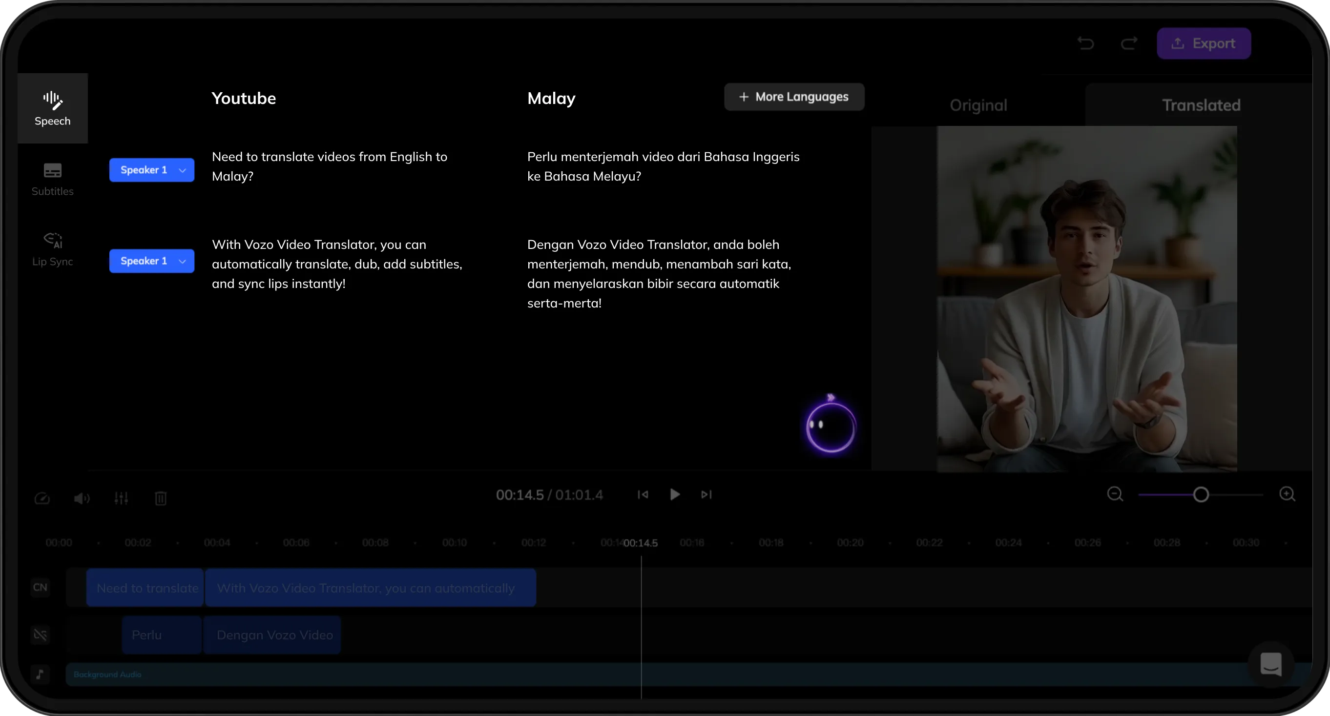 Interface displaying original and translated scripts for review and refinement.