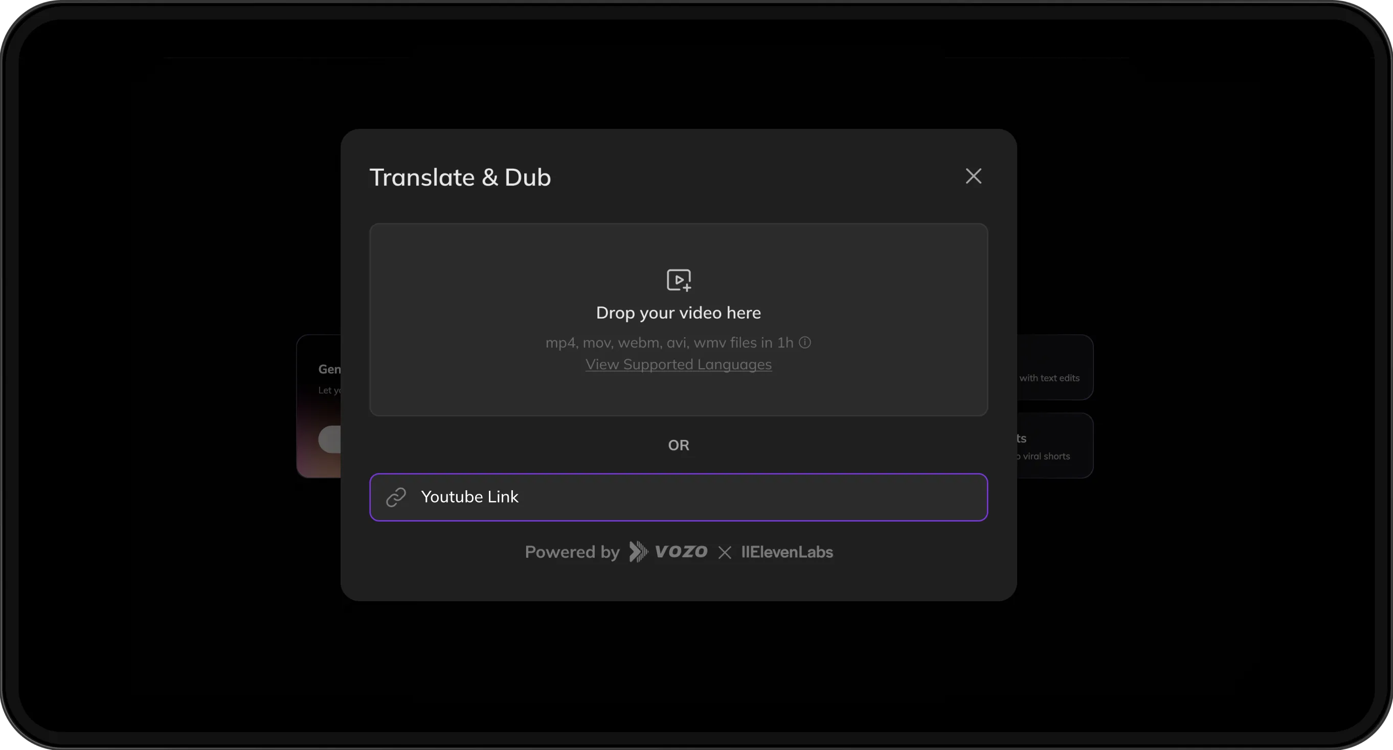Video upload screen with options to select target language and customize speaker preferences for translation.