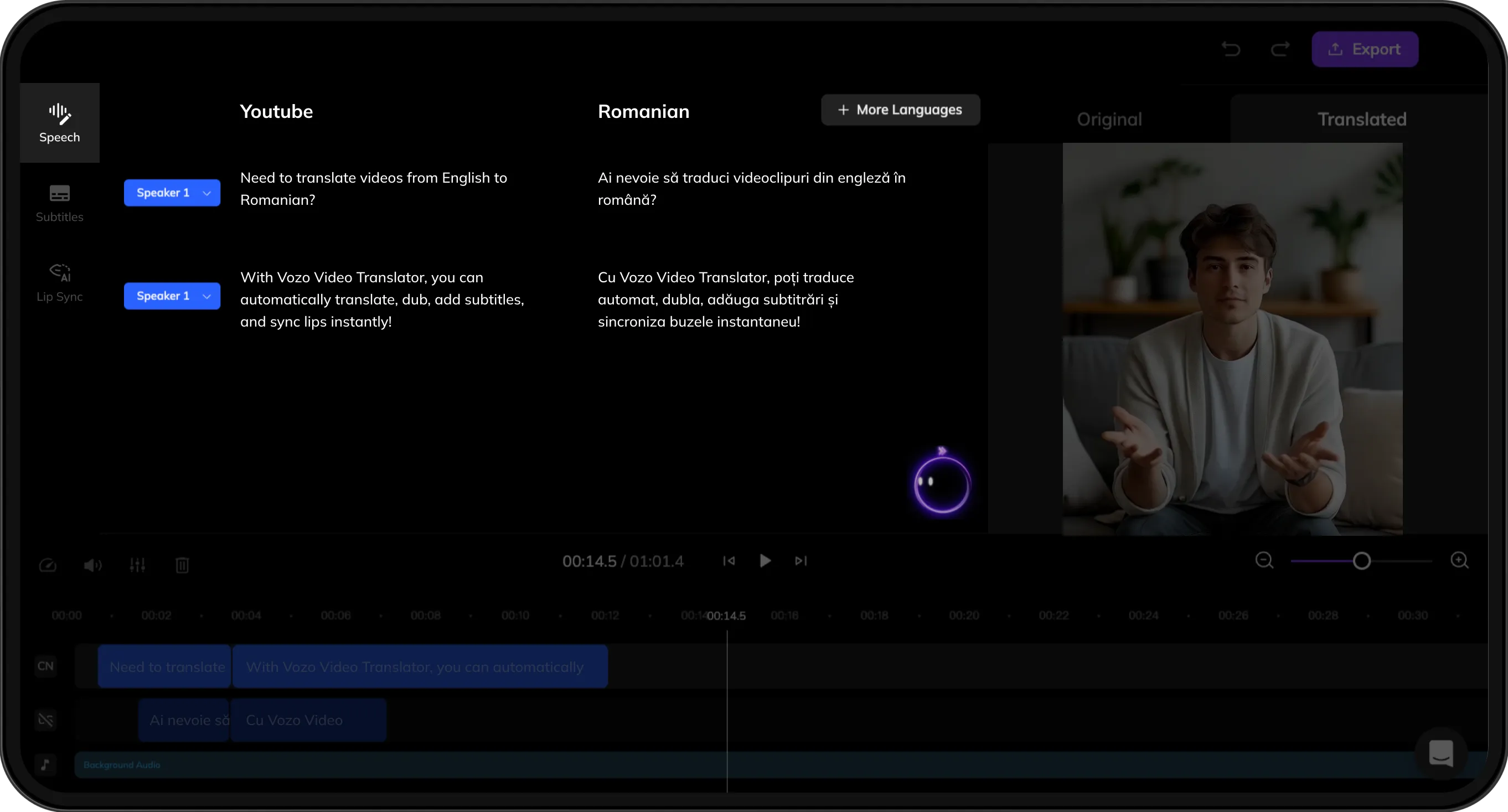 Interface displaying original and translated scripts for review and refinement.